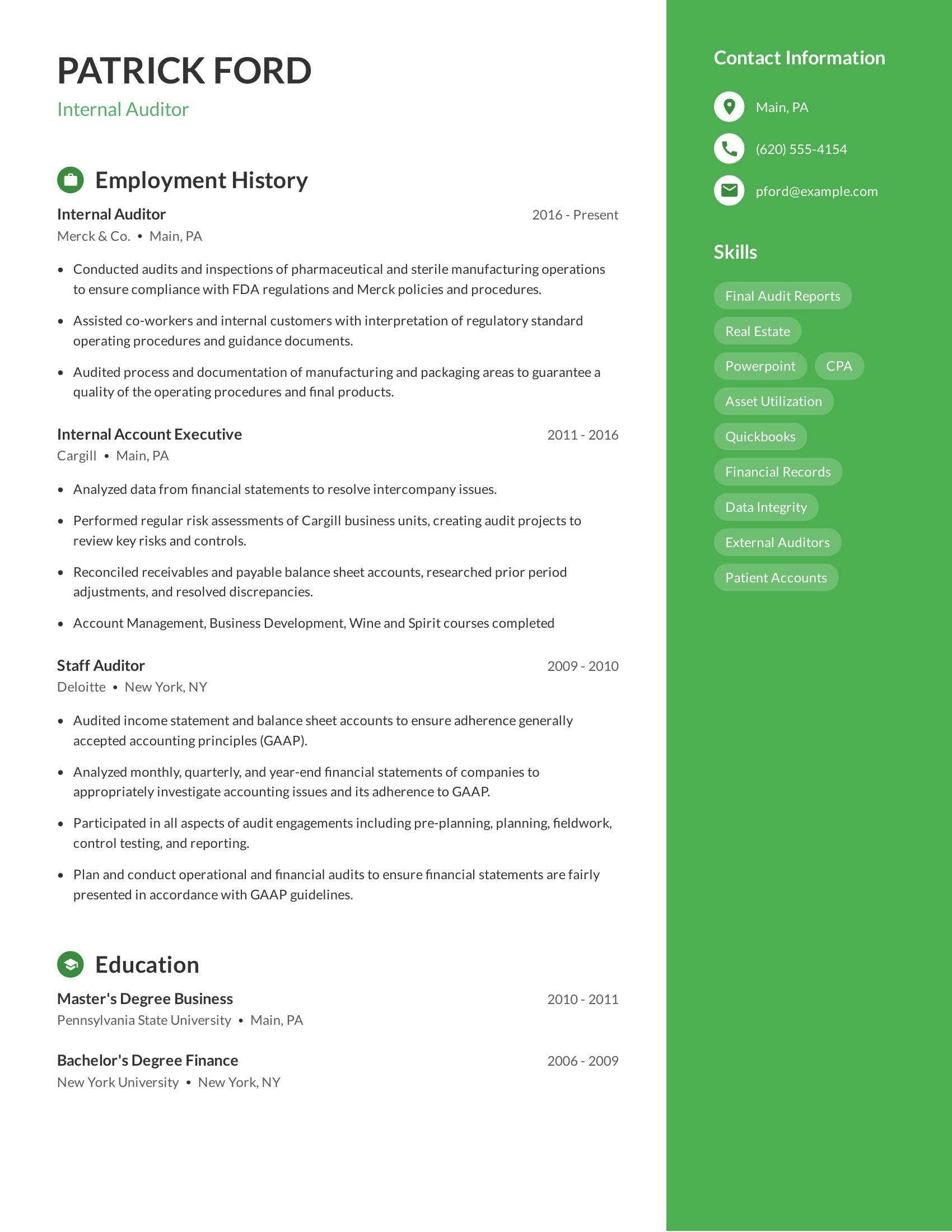 Internal Auditor resume example