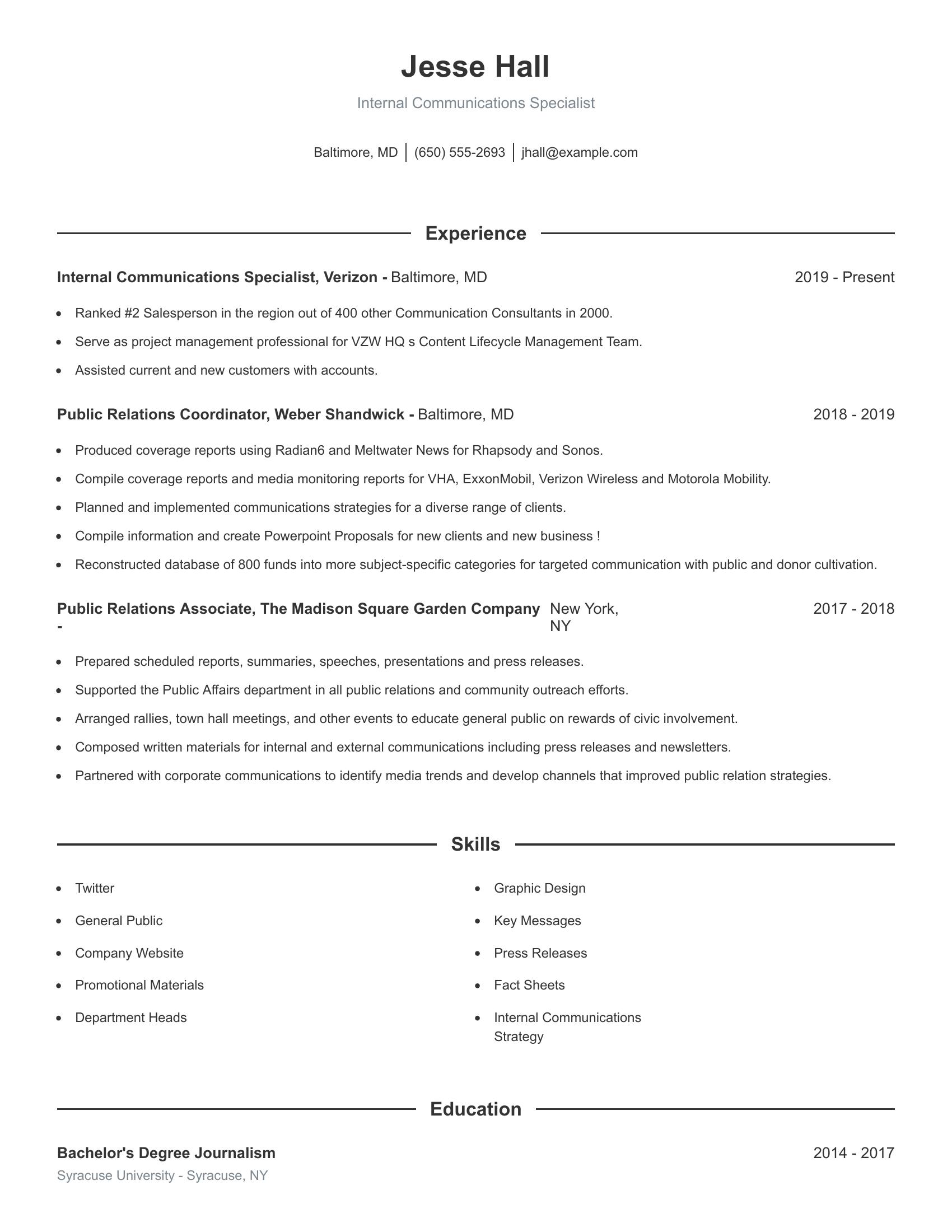 Internal Communications Specialist resume example