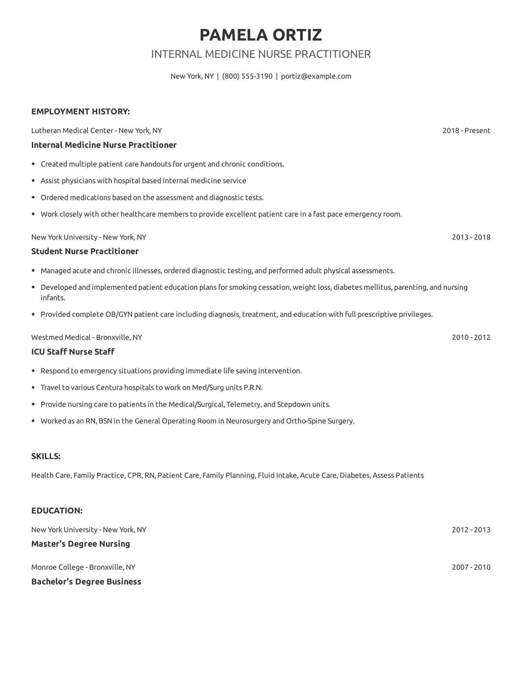 Internal Medicine Nurse Practitioner resume example