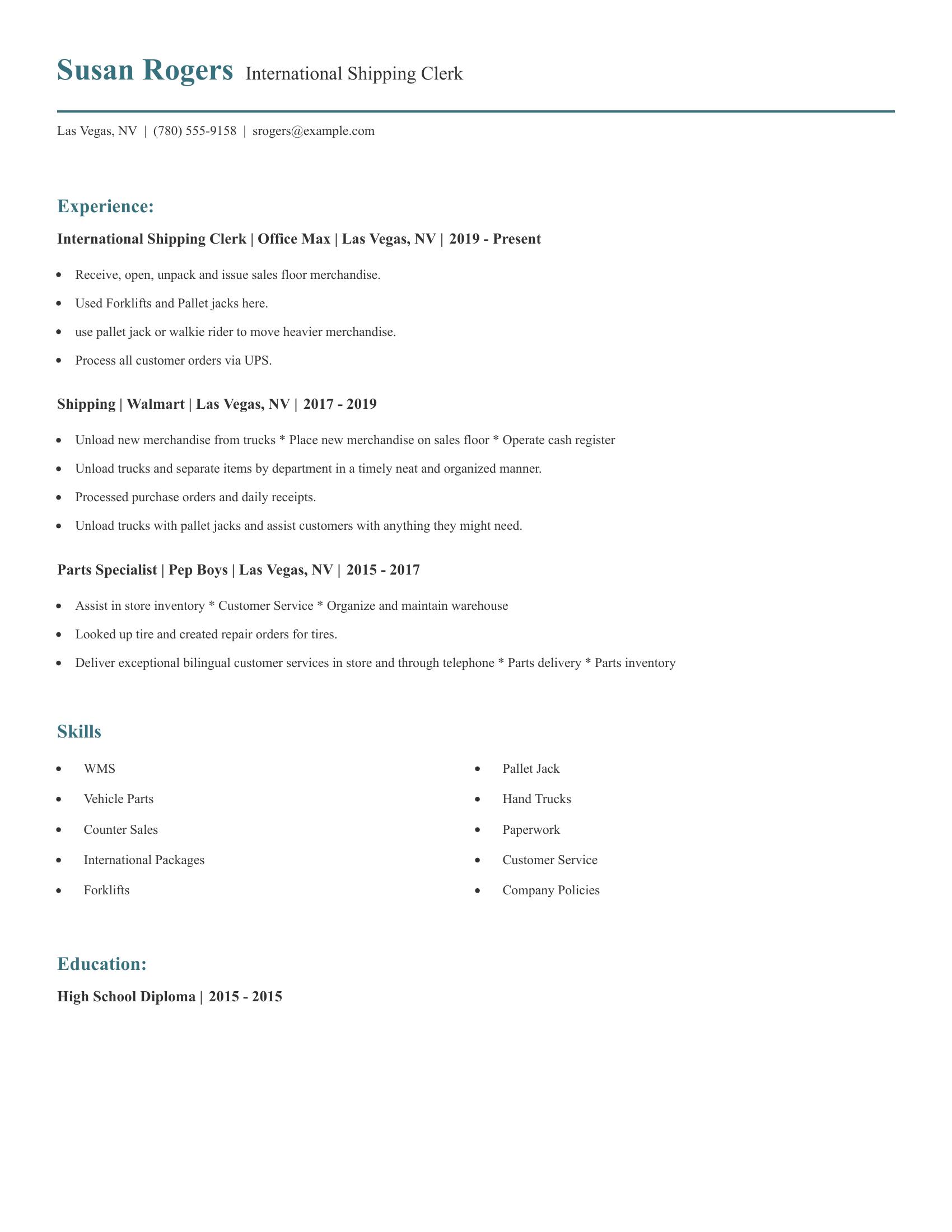 International Shipping Clerk resume example