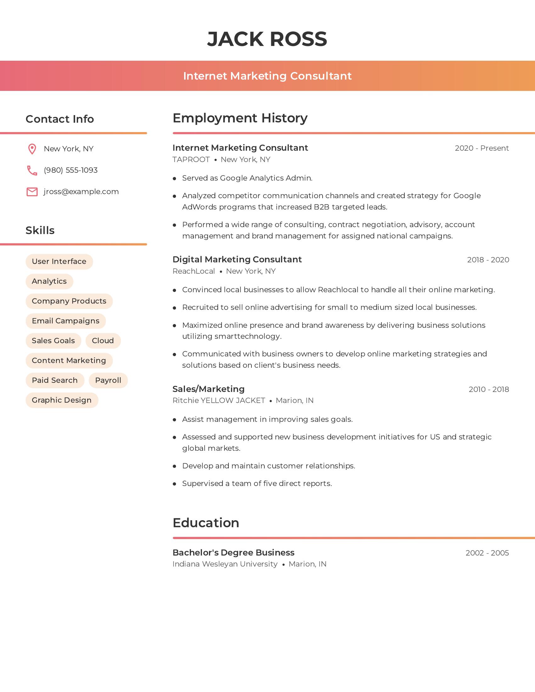 Internet Marketing Consultant resume example