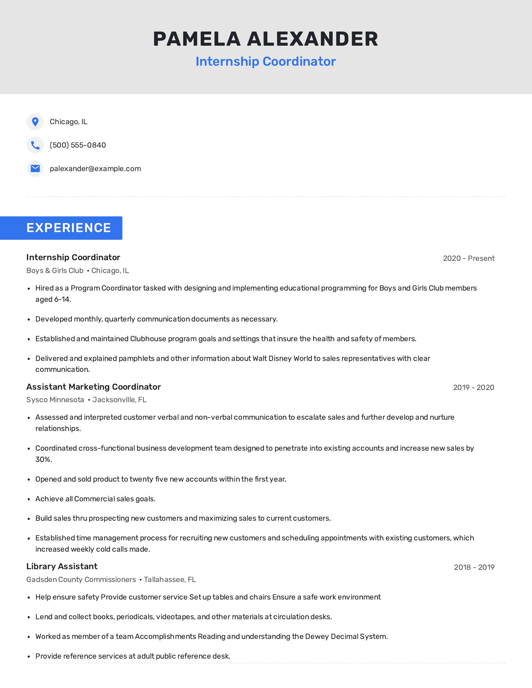 Internship Coordinator resume example
