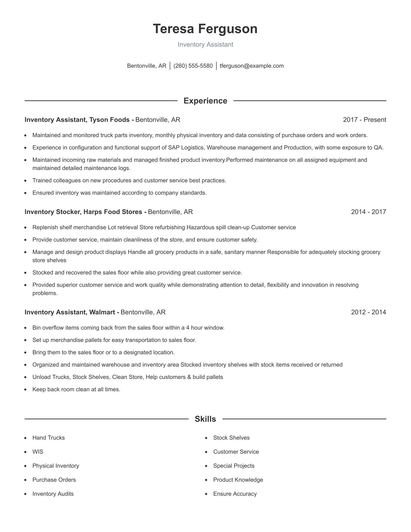 Inventory Assistant resume example