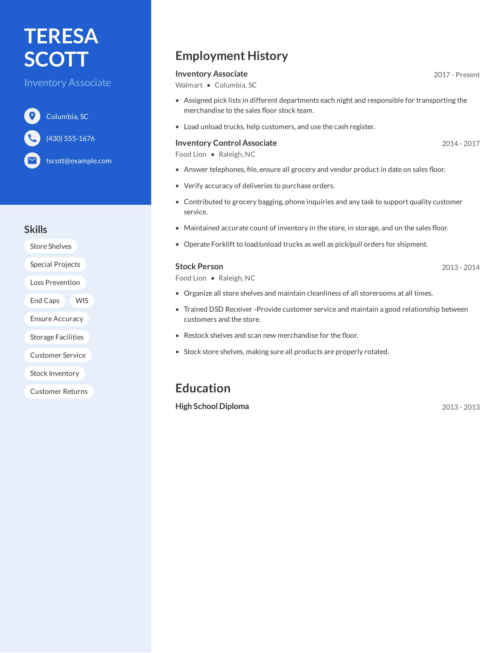 Inventory Associate resume example