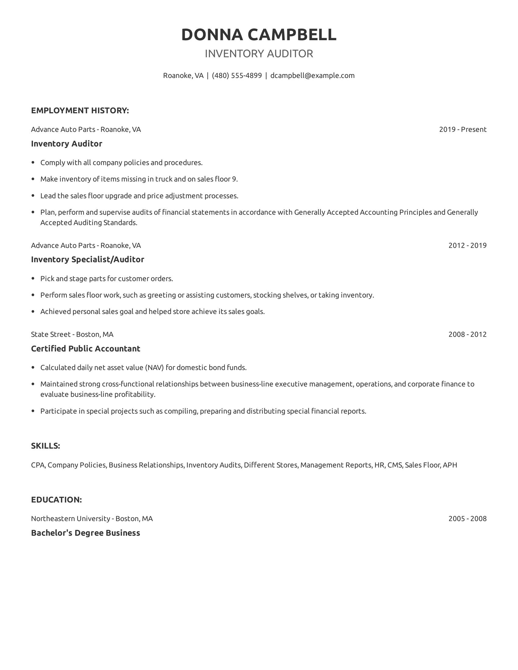 Inventory Auditor resume example