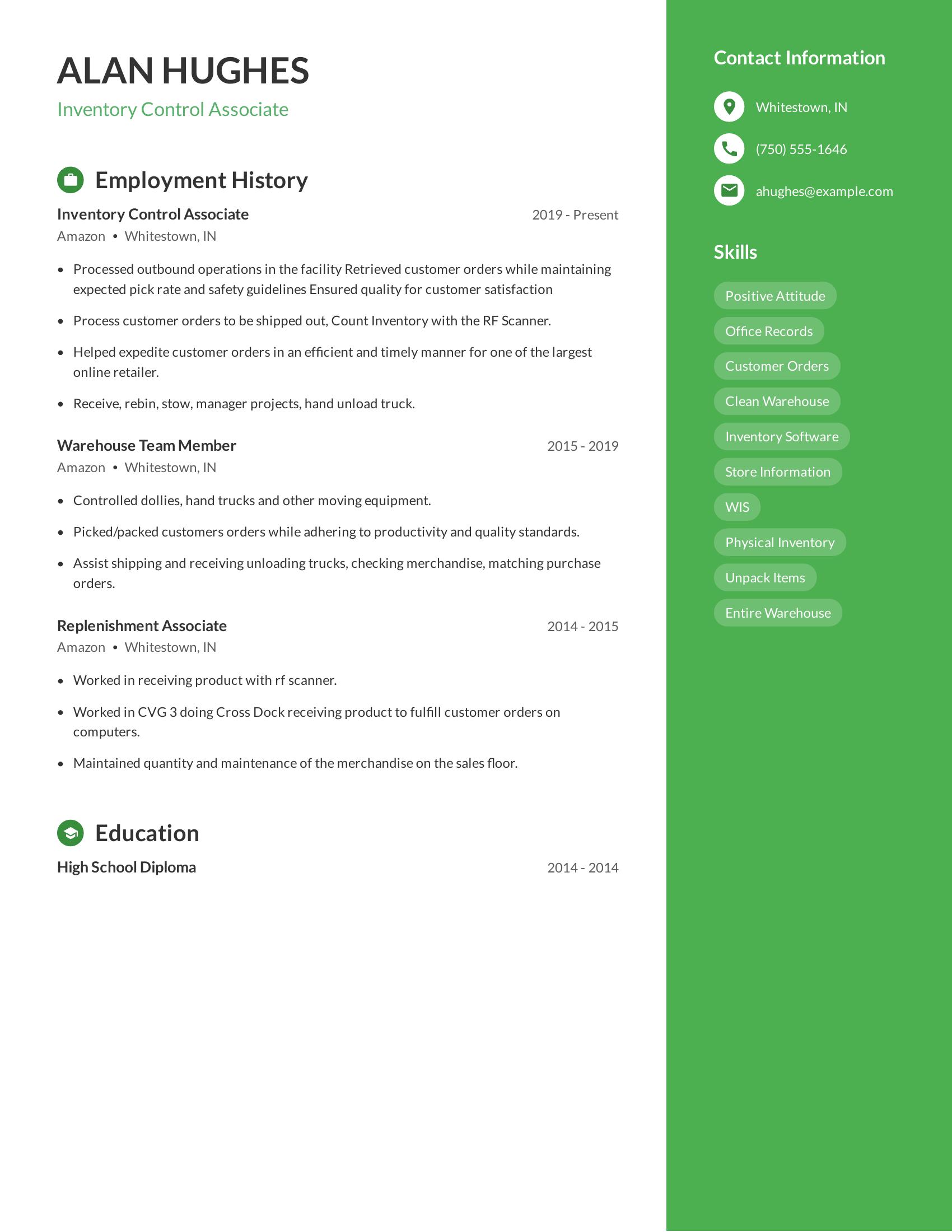 Inventory Control Associate resume example