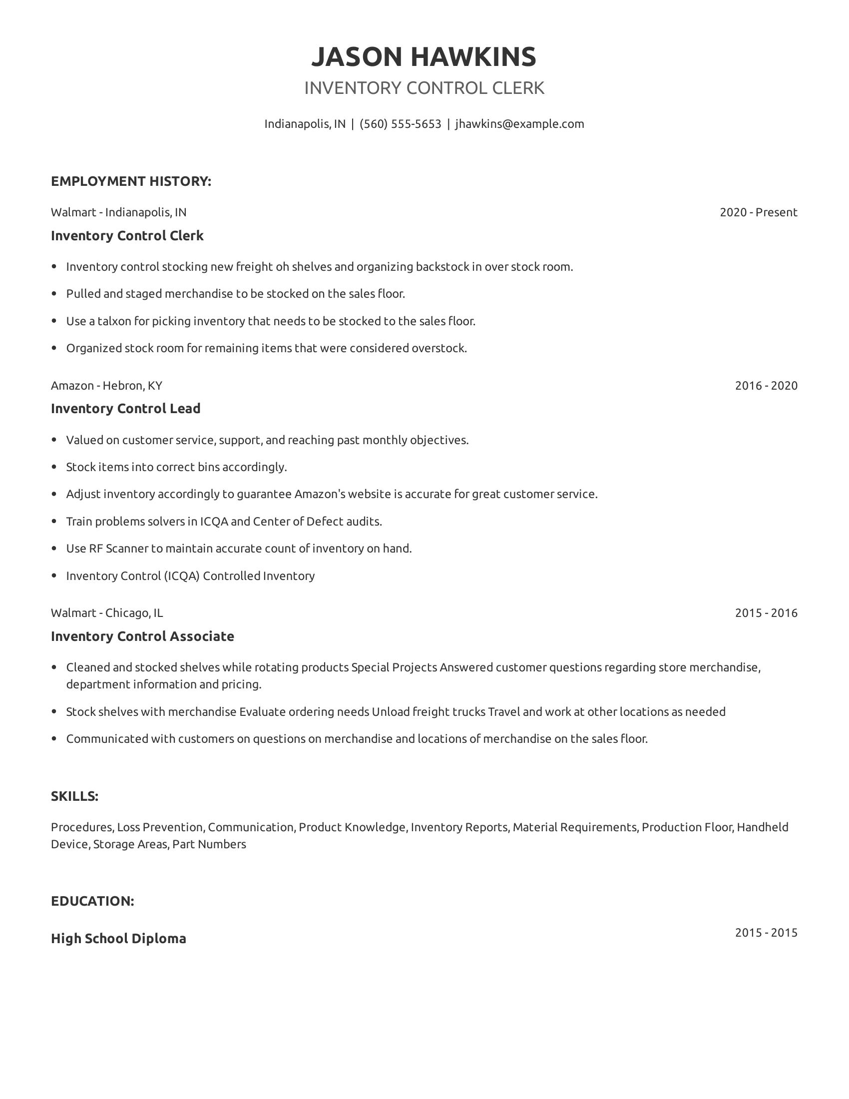 Inventory Control Clerk resume example