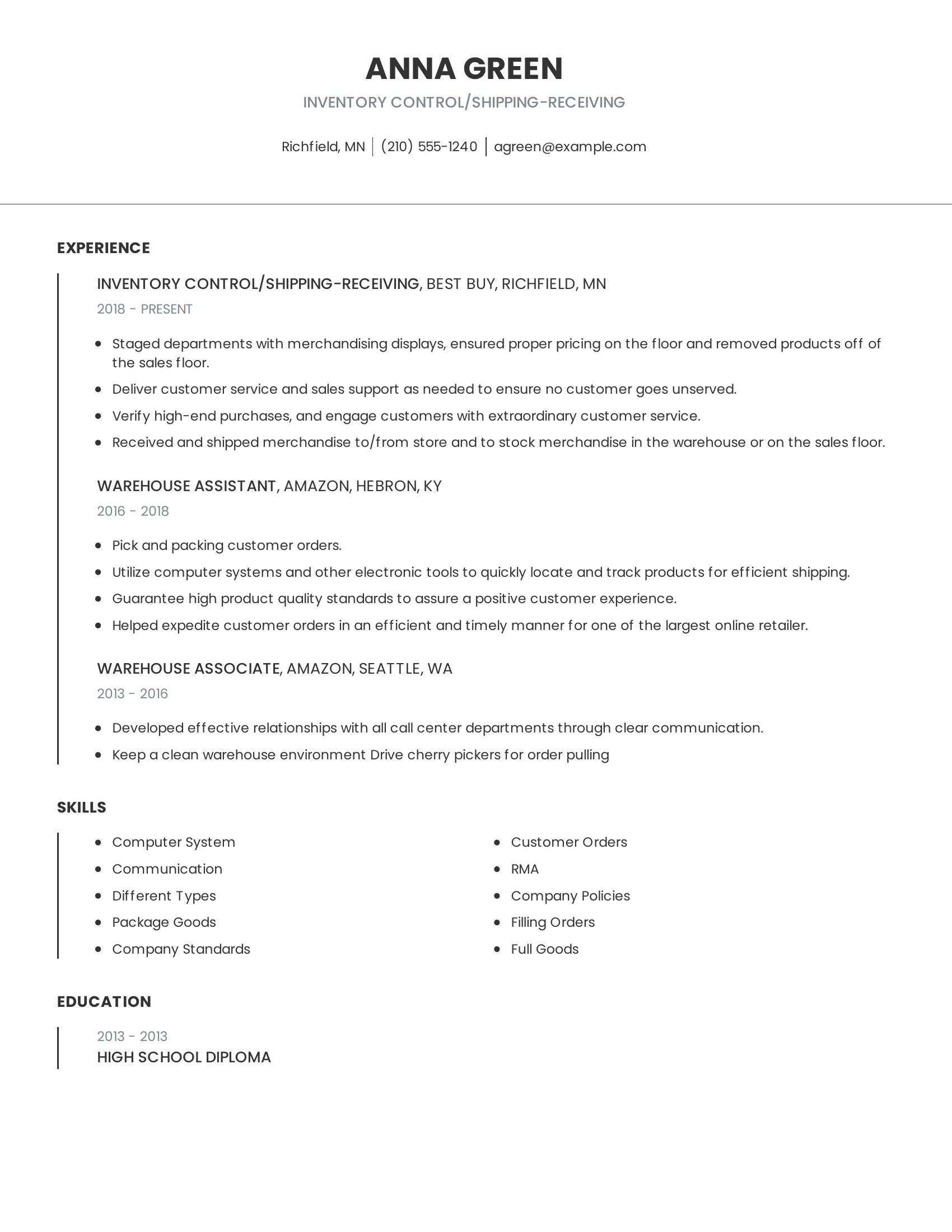 Inventory Control/Shipping-Receiving resume example