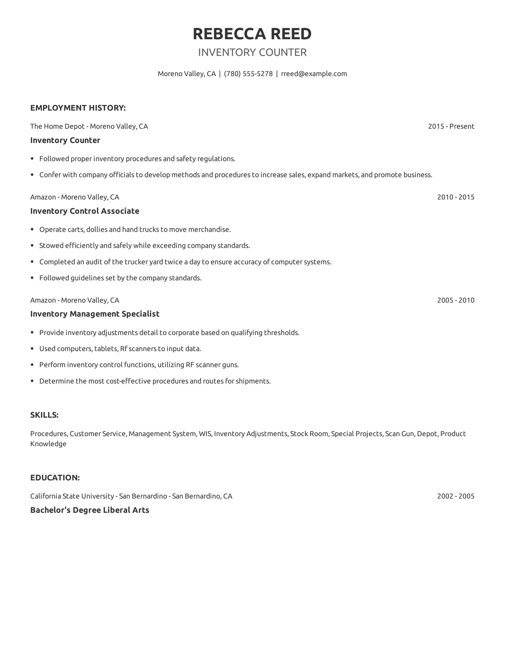 Inventory Counter resume example