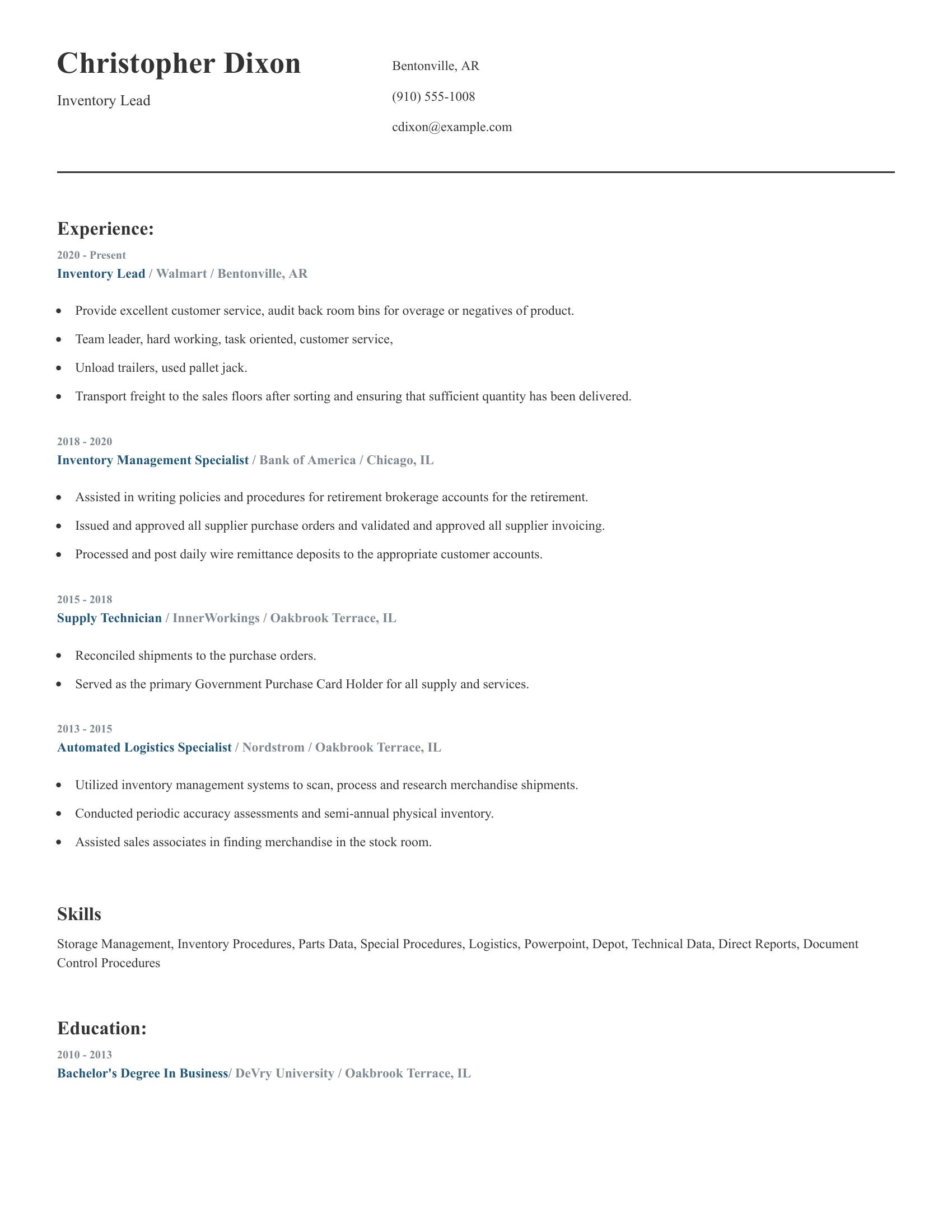 Inventory Lead resume example