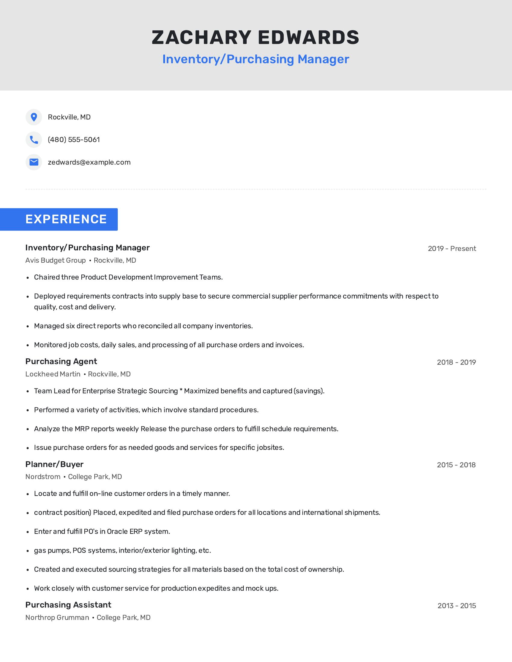 Inventory/Purchasing Manager resume example