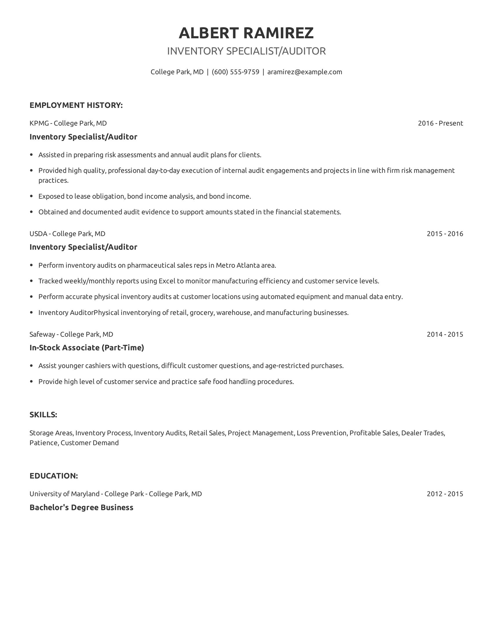 Inventory Specialist/Auditor resume example