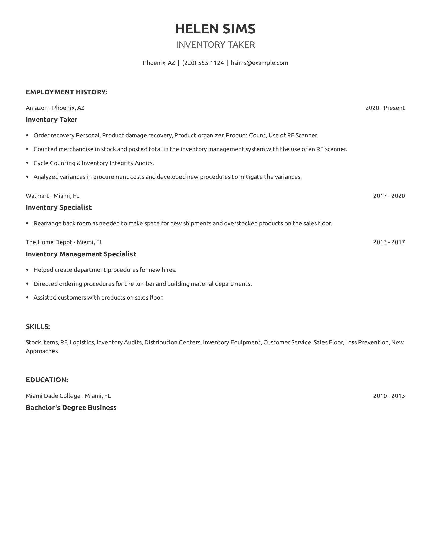 Inventory Taker resume example