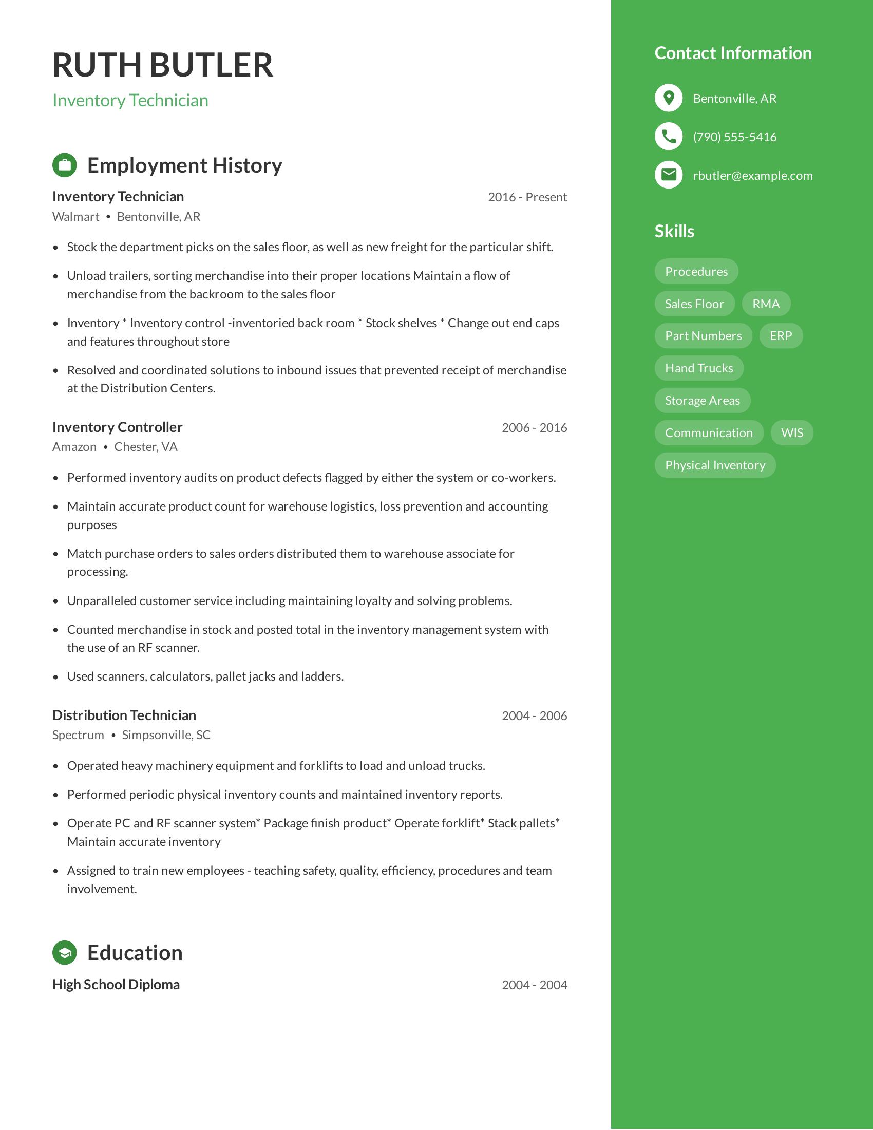 Inventory Technician resume example