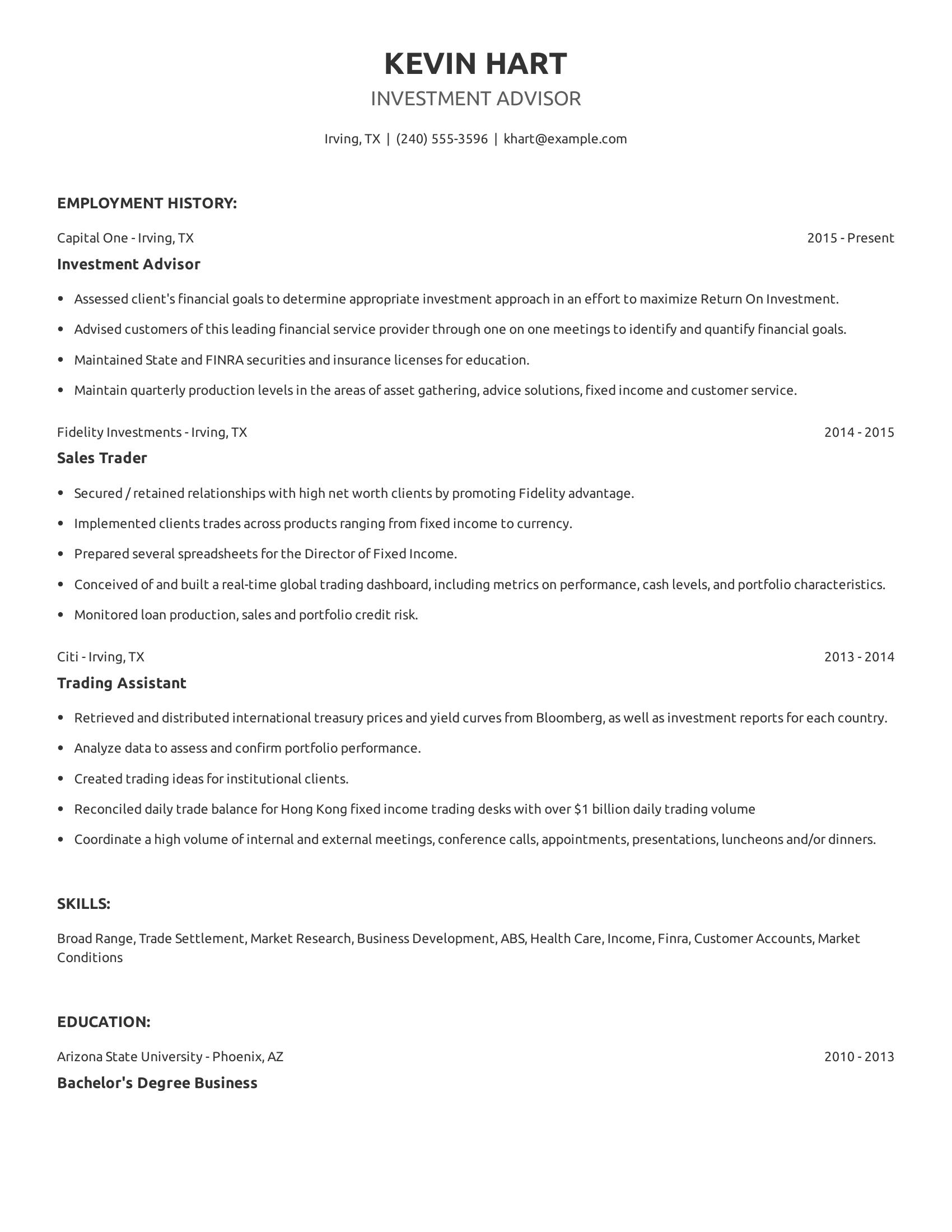 Investment Advisor resume example