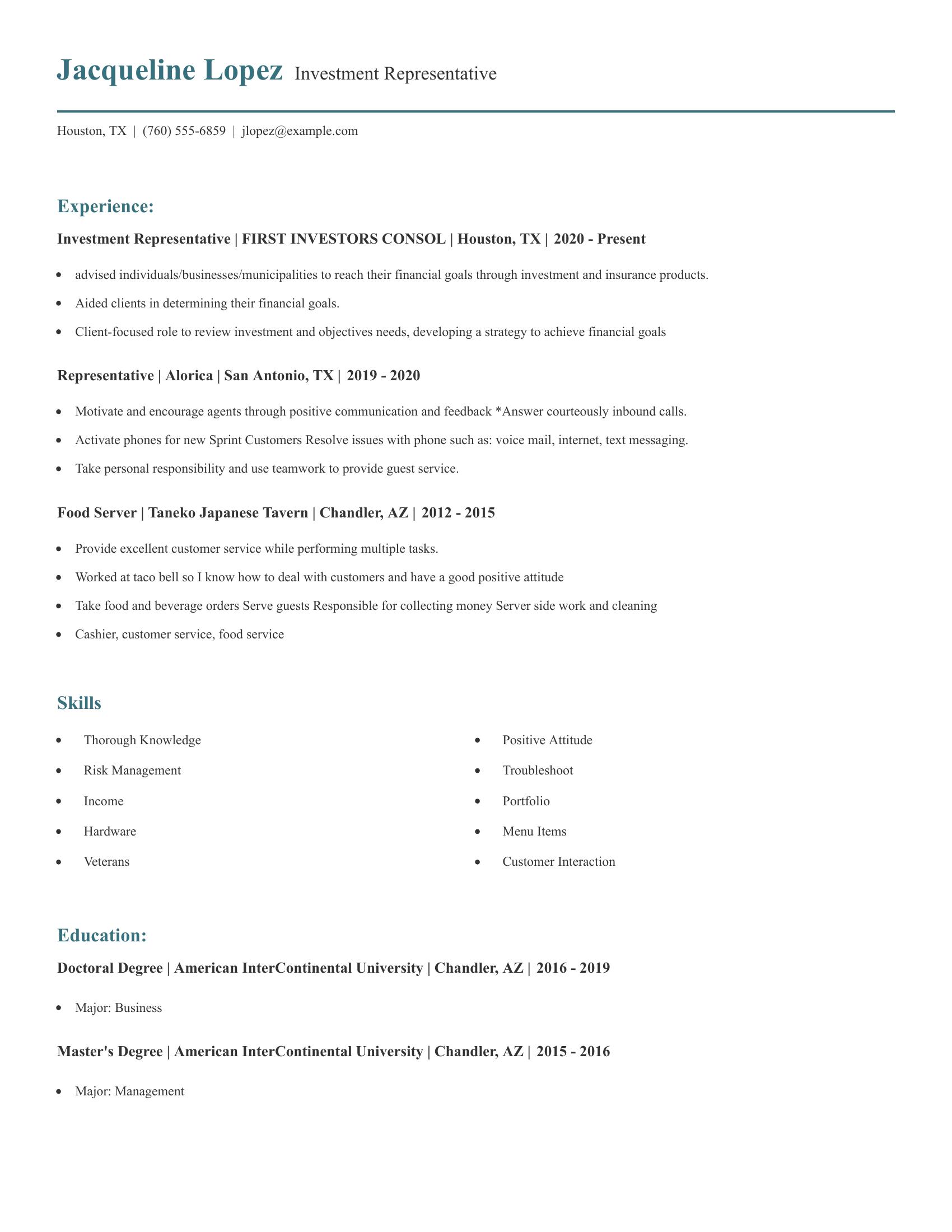 Investment Representative resume example