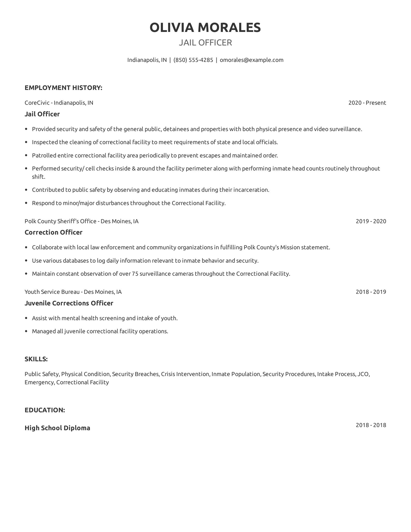 Jail Officer resume example