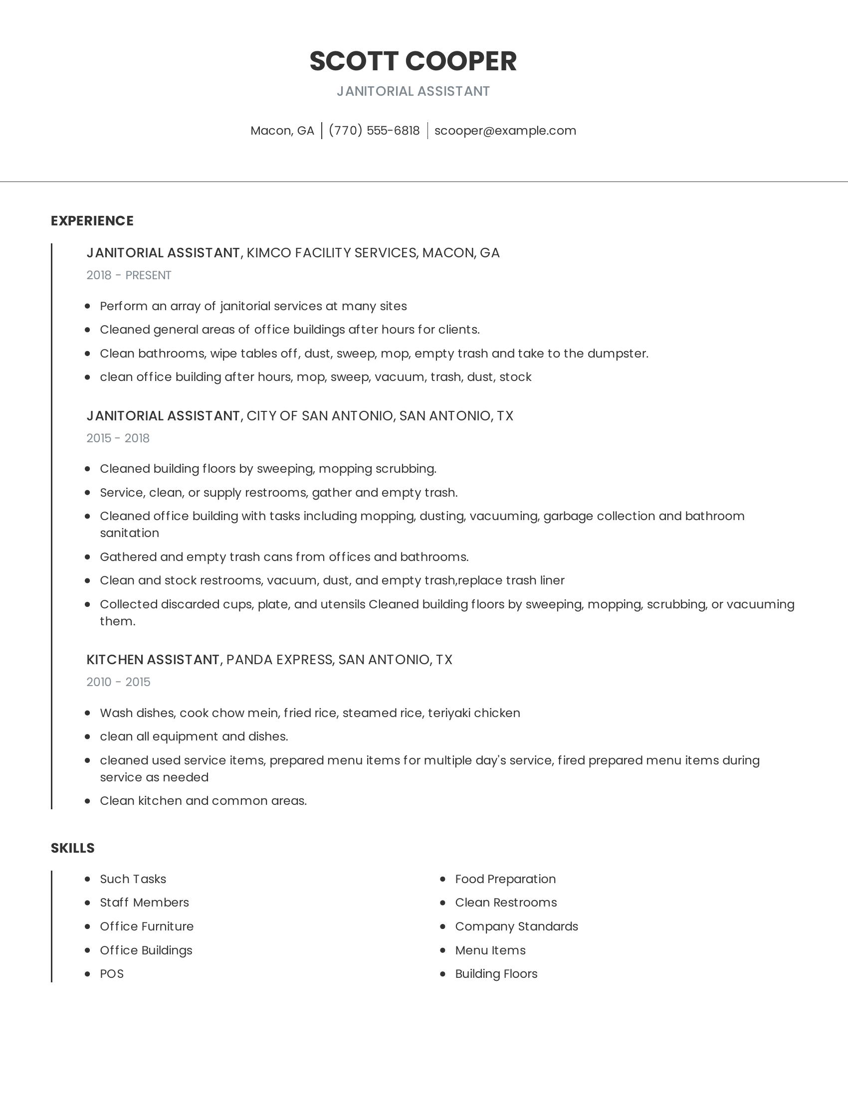 Janitorial Assistant resume example