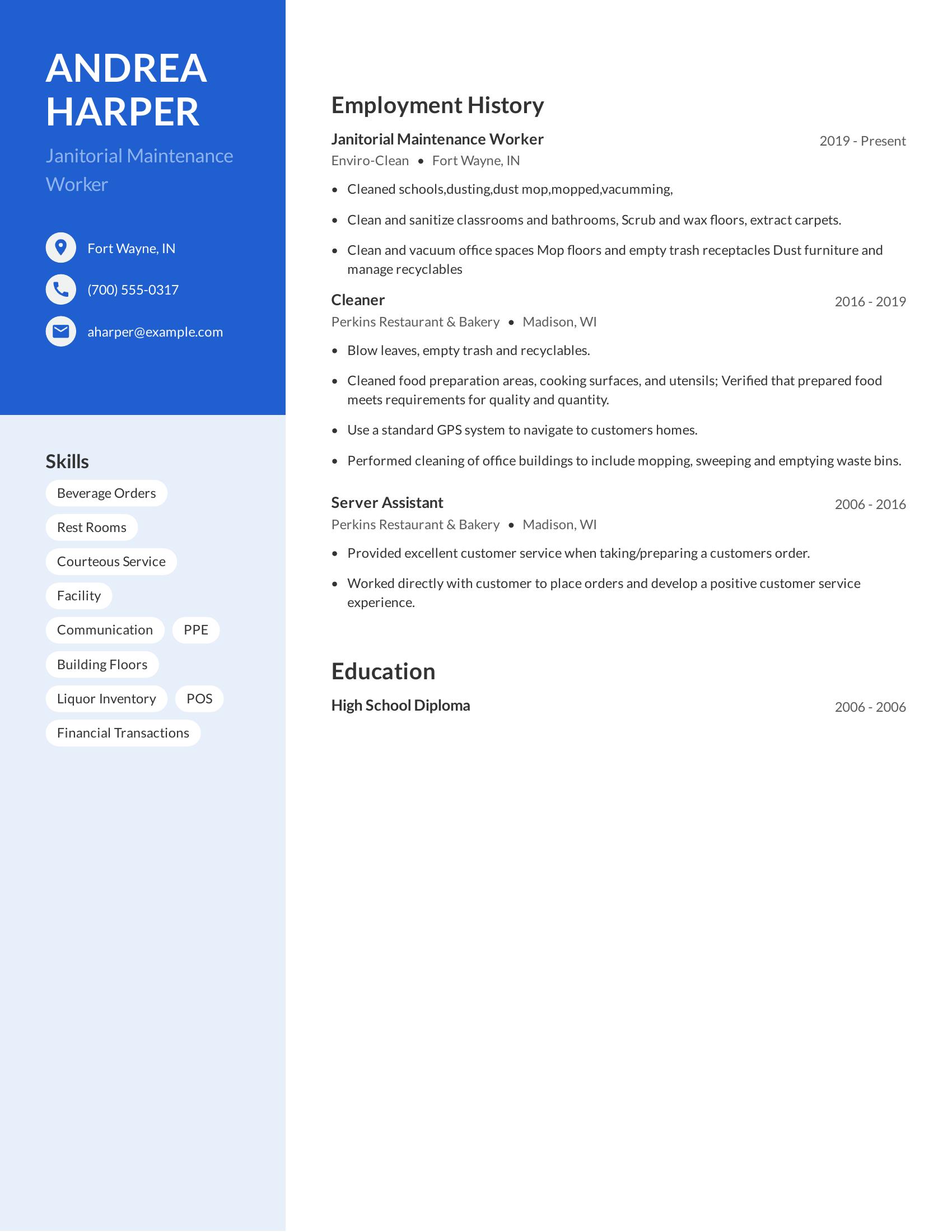 Janitorial Maintenance Worker resume example