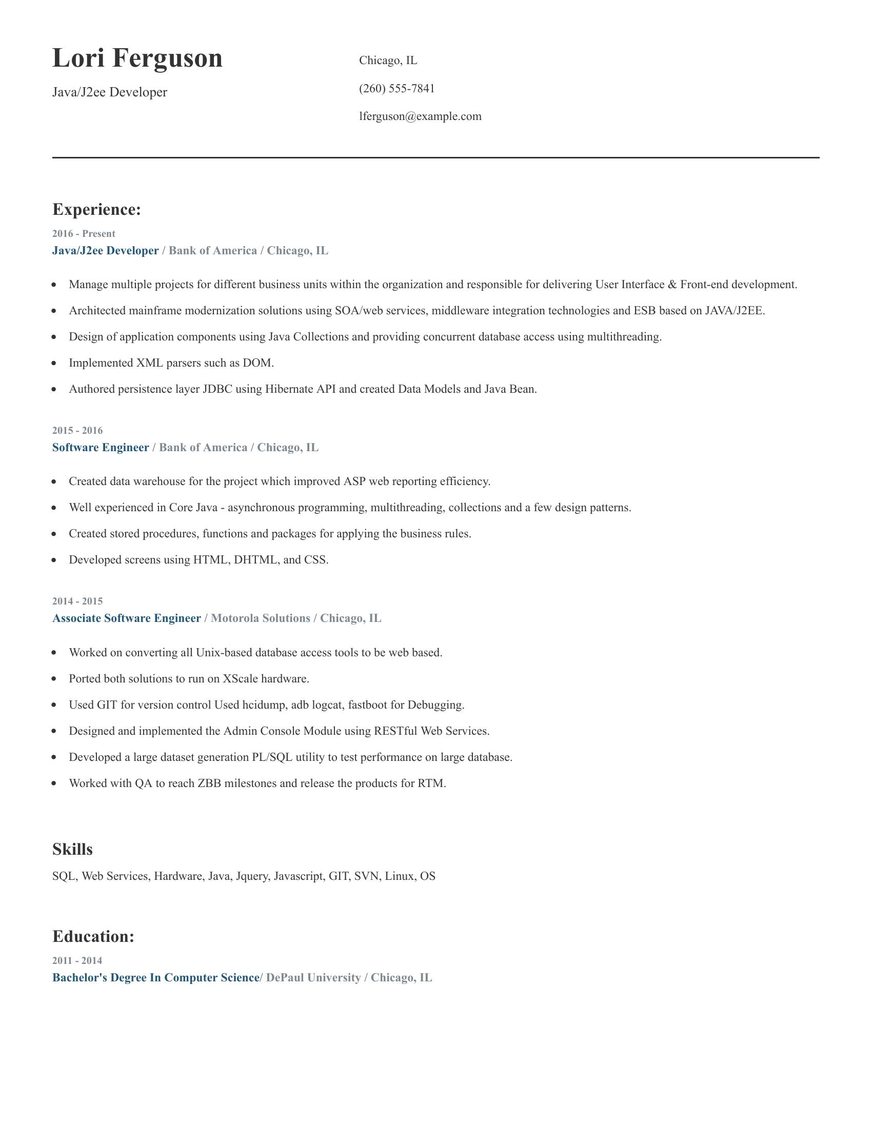 Java/J2ee Developer resume example