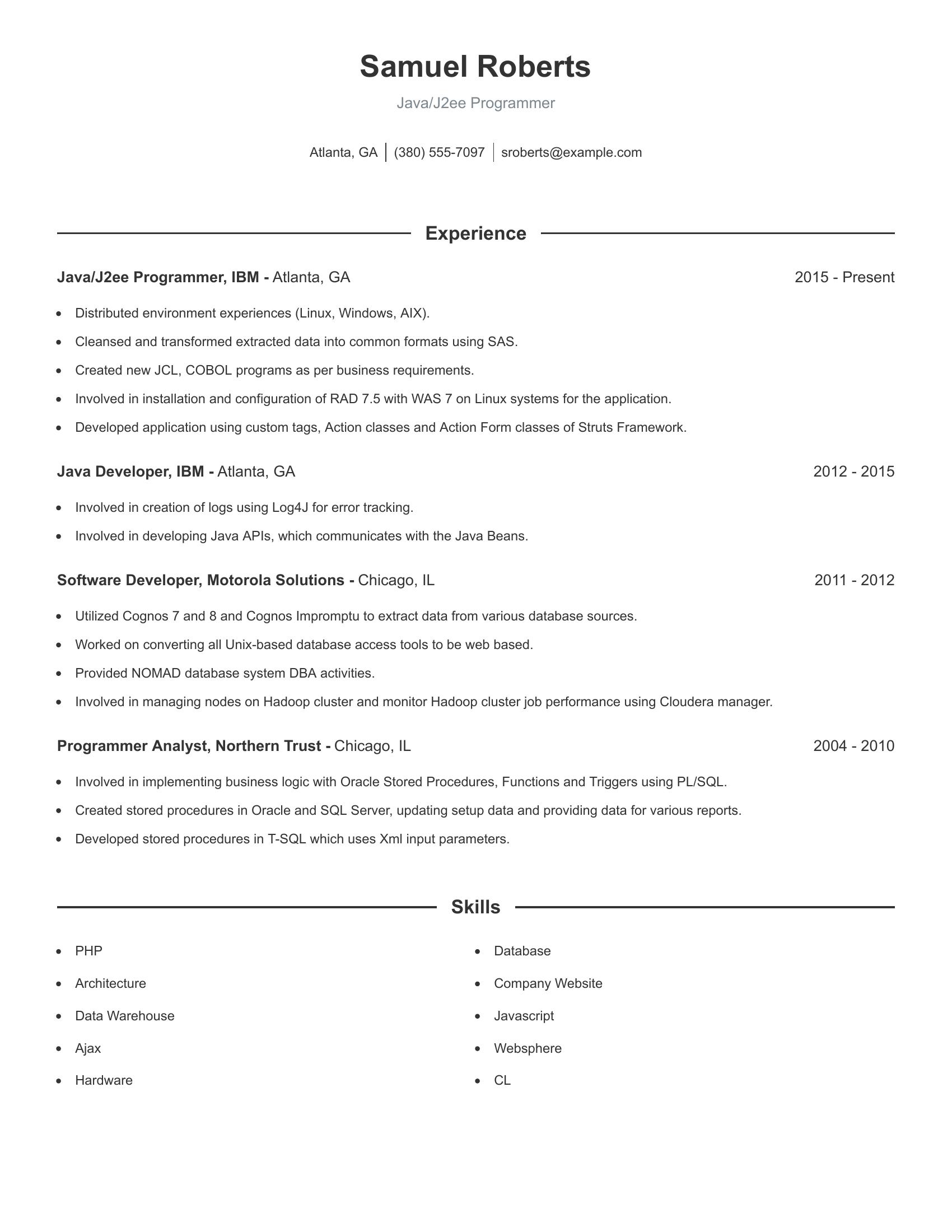 Java/J2ee Programmer resume example