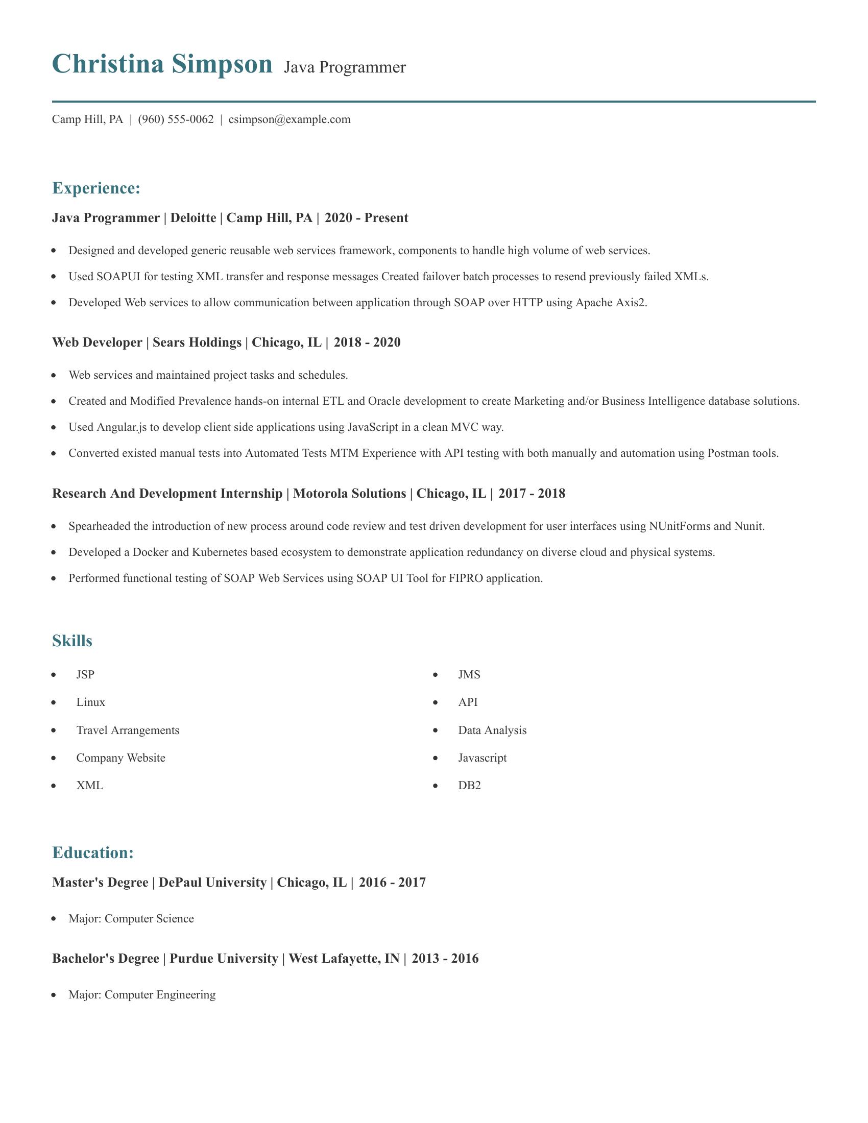 Java Programmer resume example