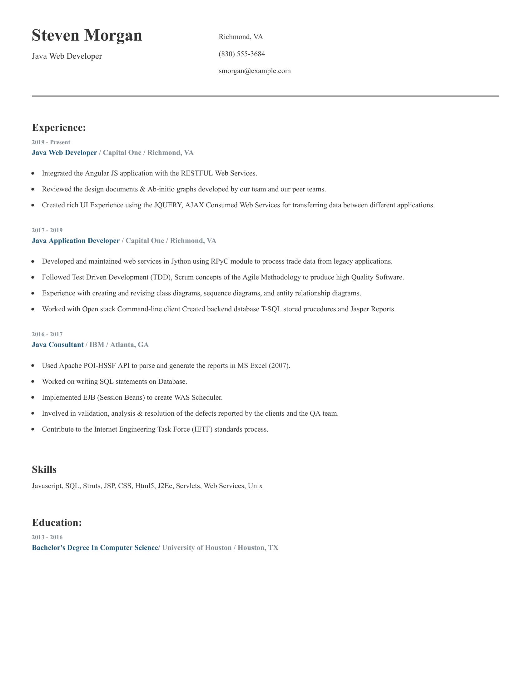 Java Web Developer resume example