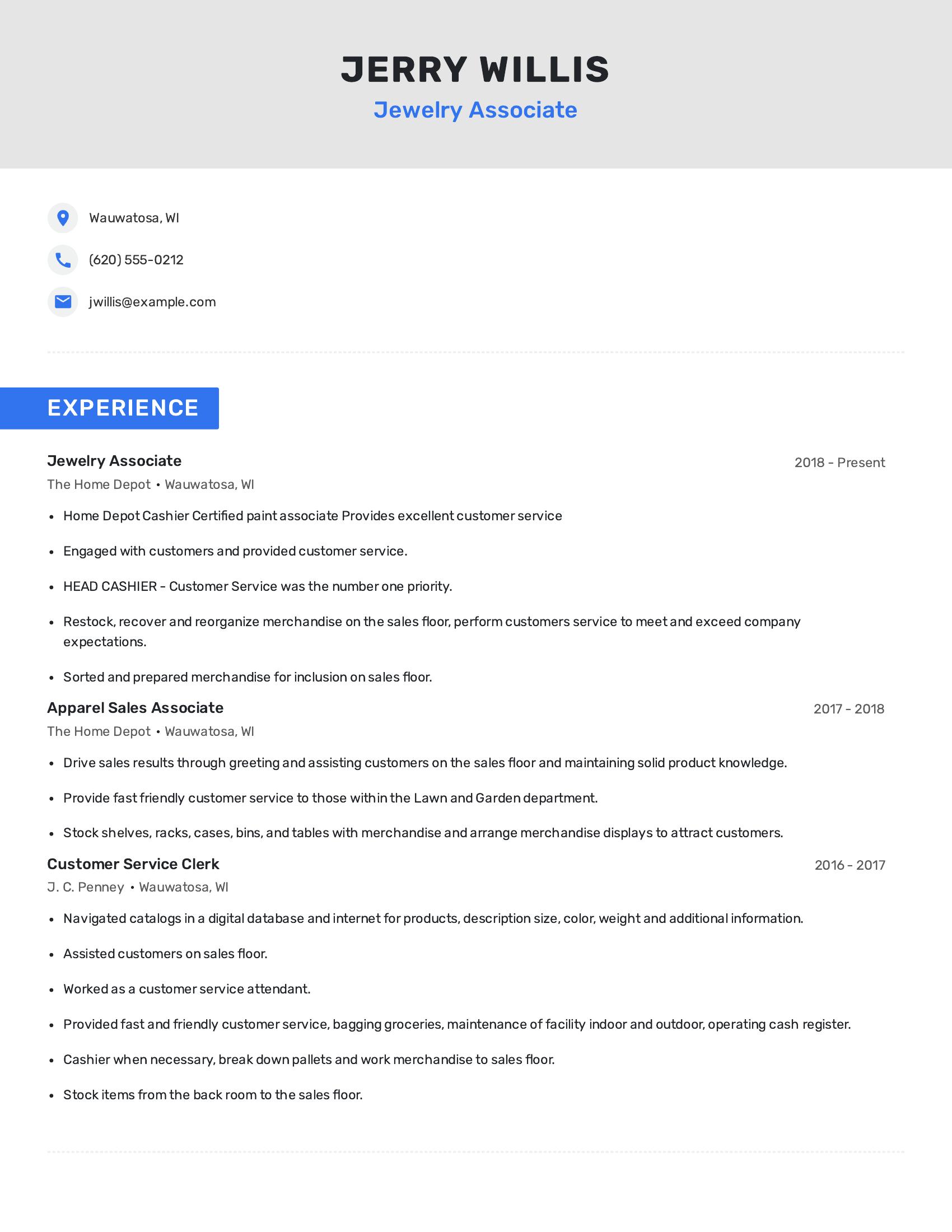Jewelry Associate resume example