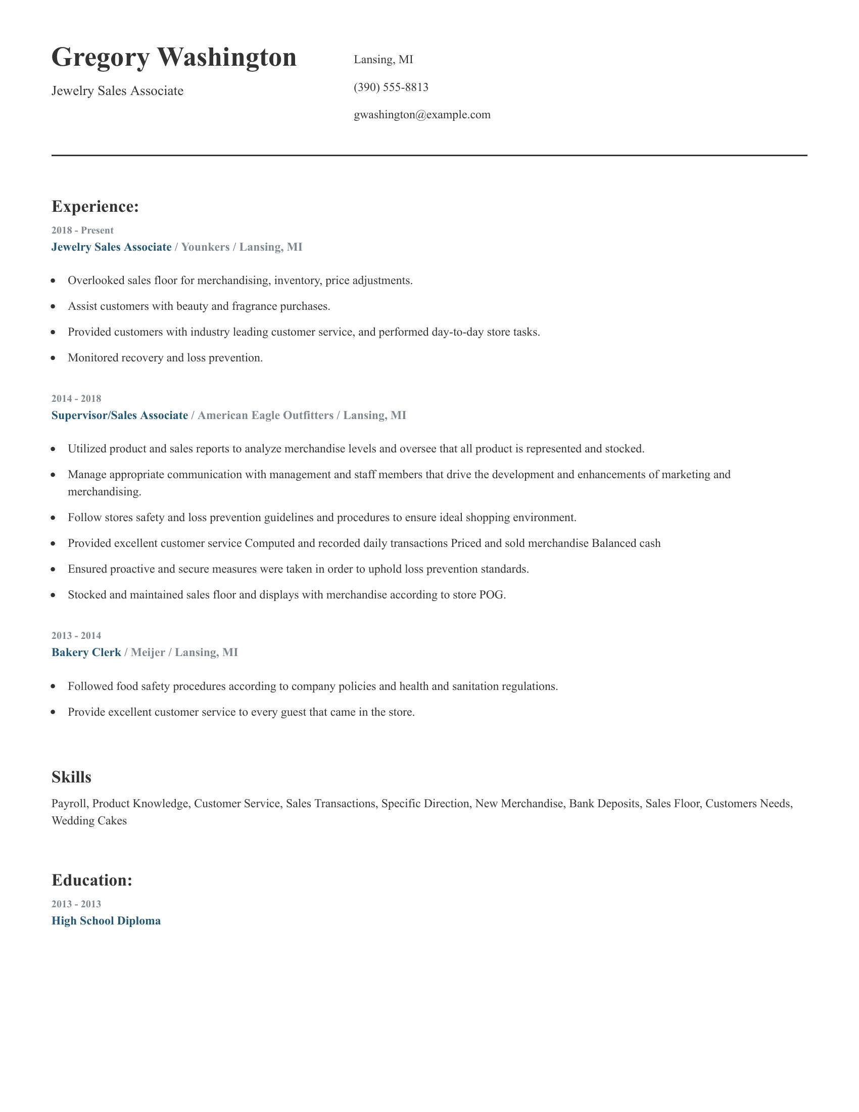 Jewelry Sales Associate resume example