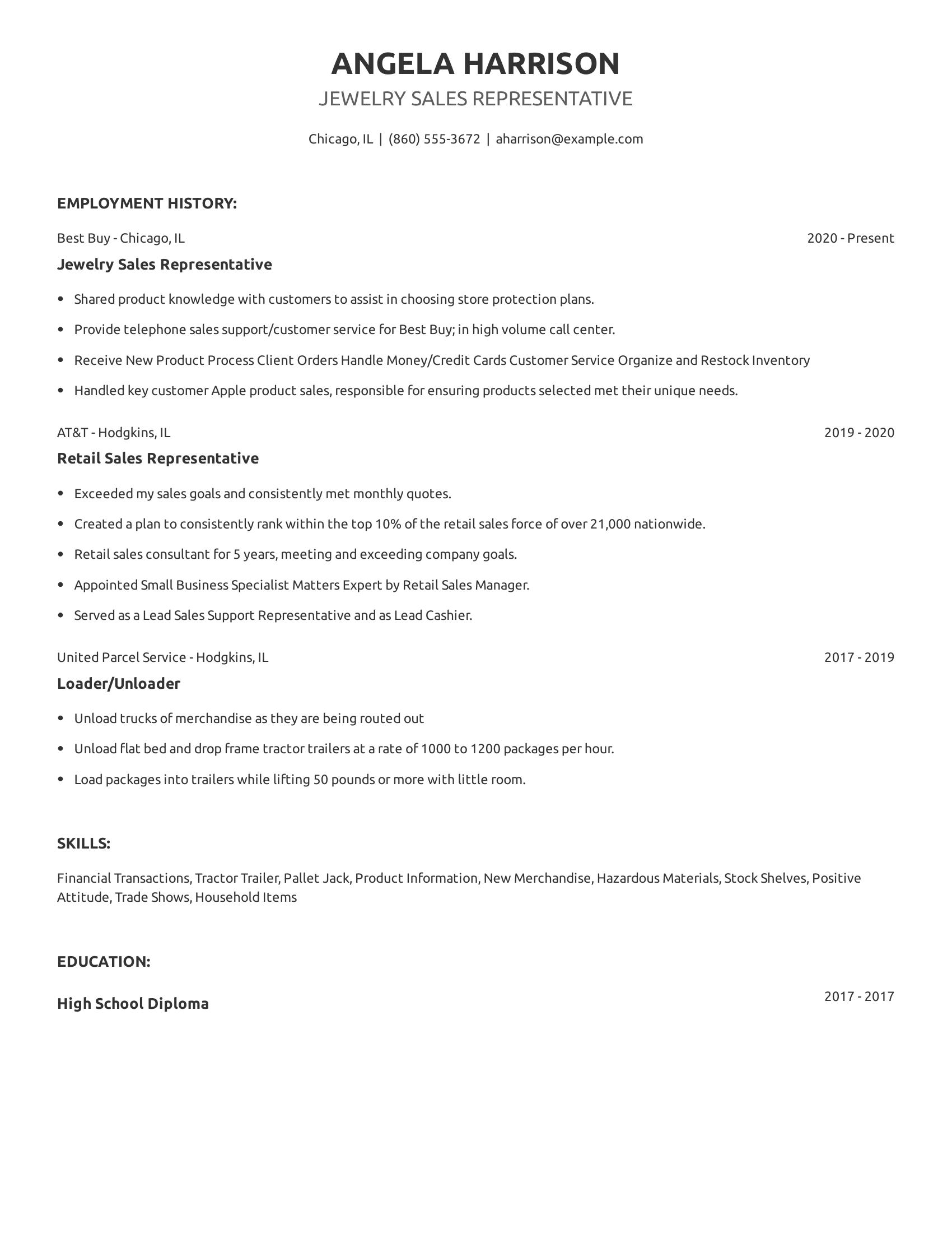 Jewelry Sales Representative resume example