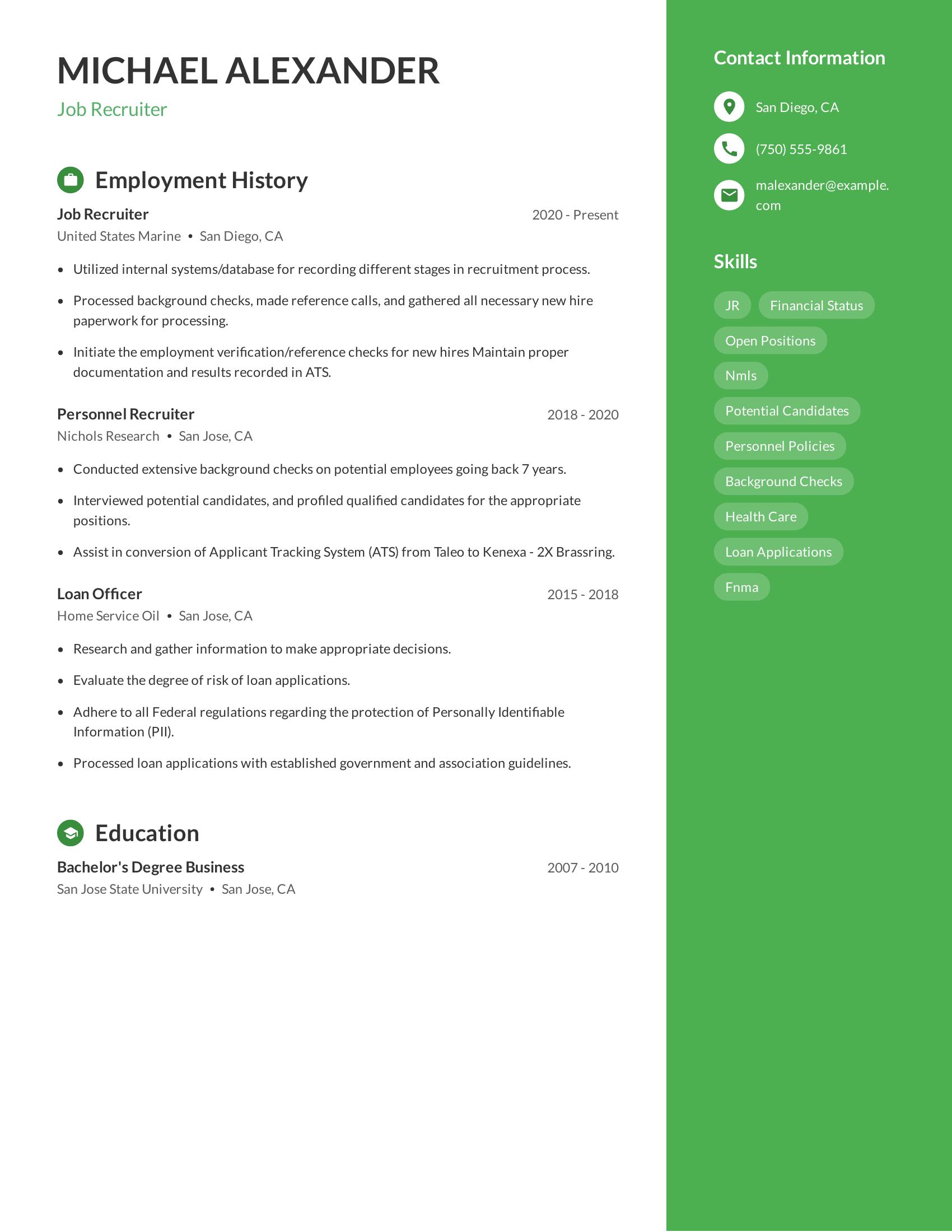 Job Recruiter resume example