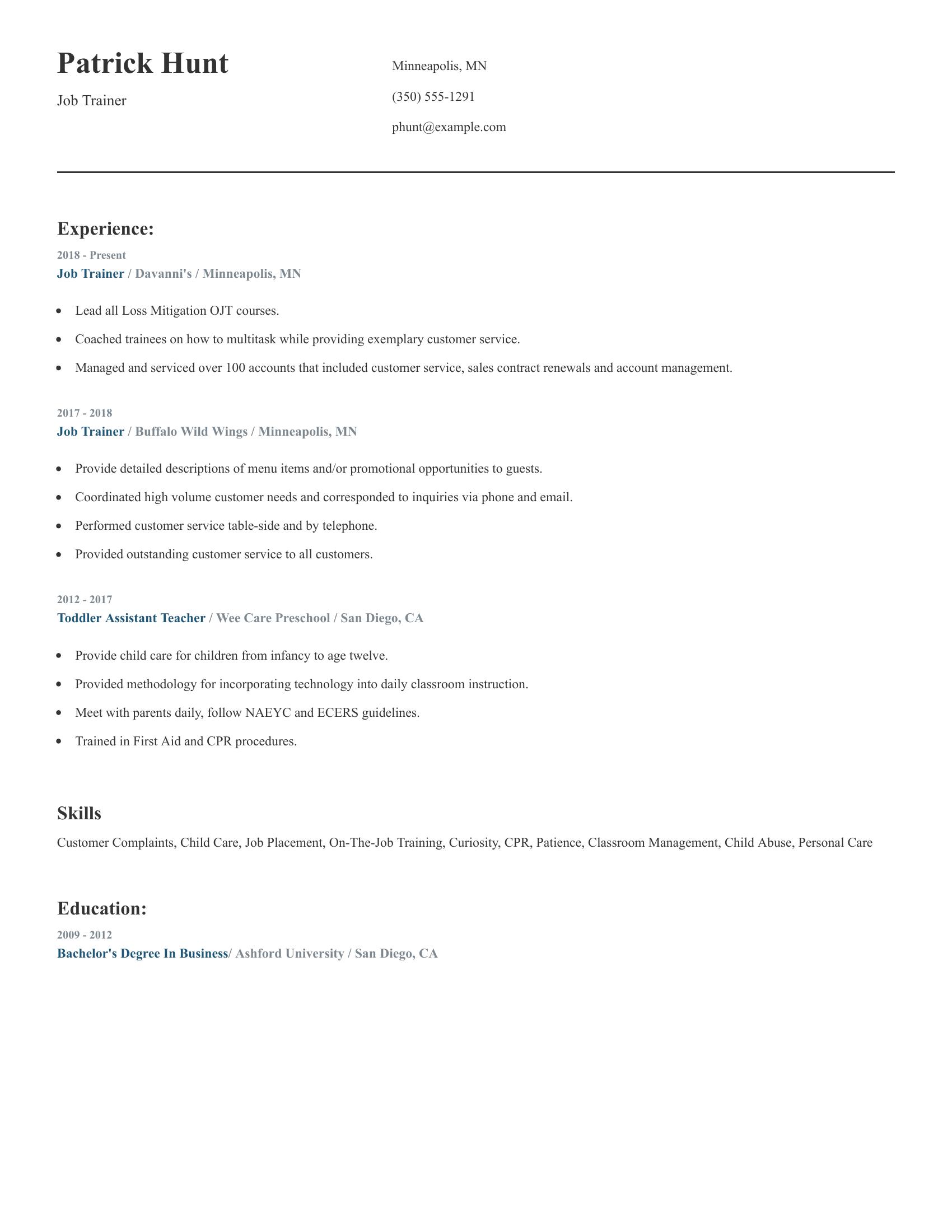 Job Trainer resume example