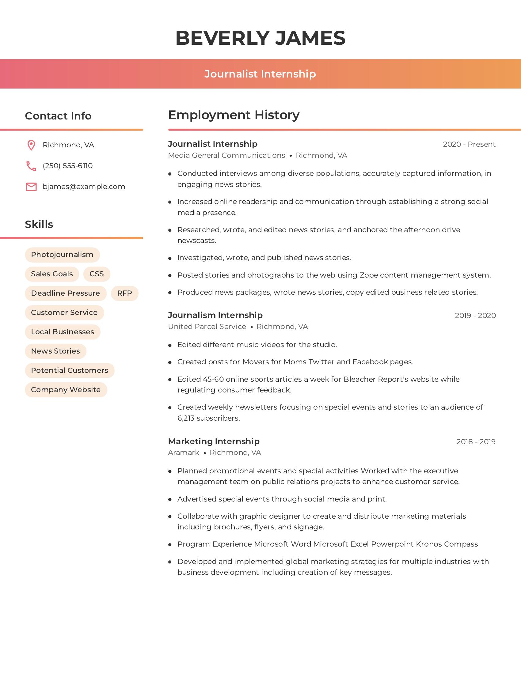 Journalist Internship resume example