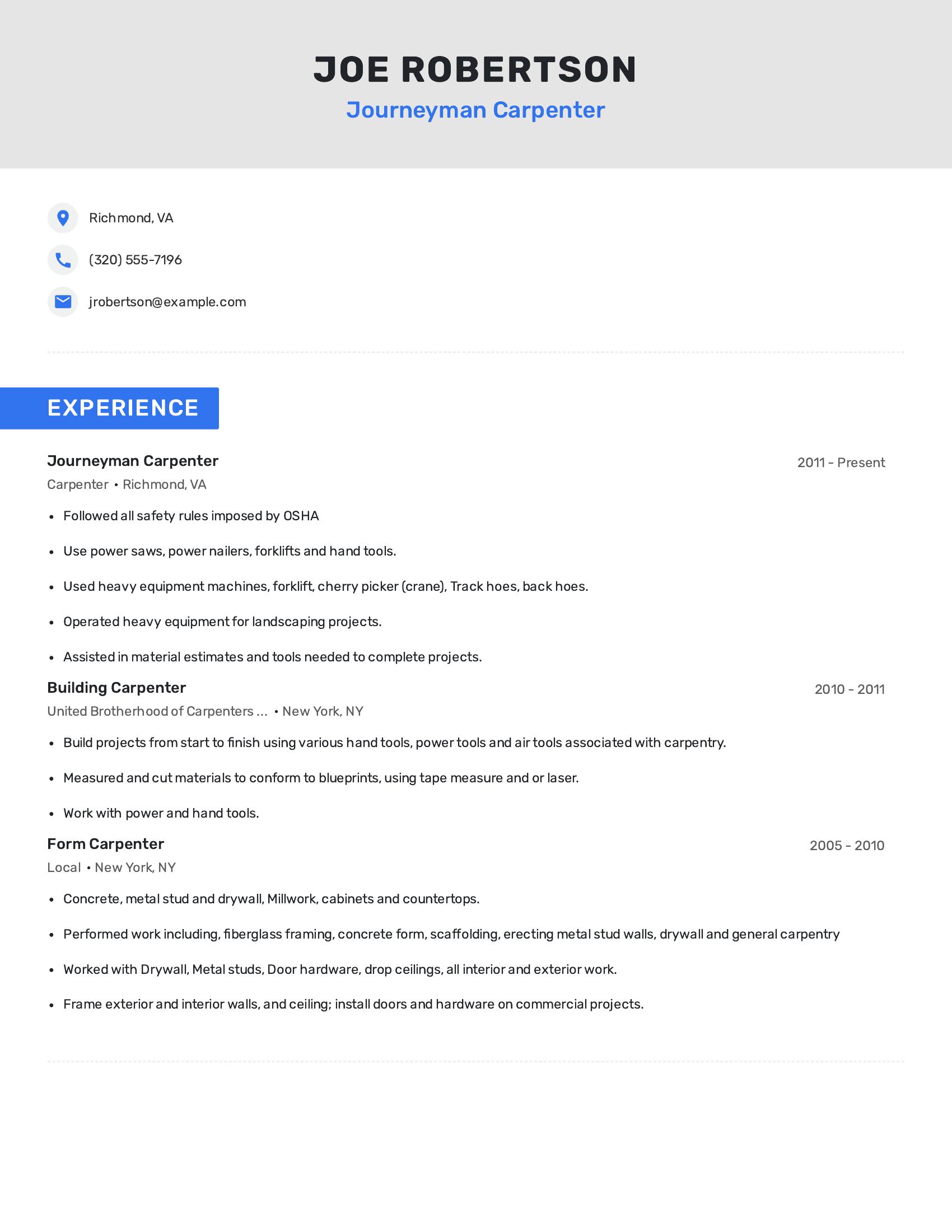 Journeyman Carpenter resume example