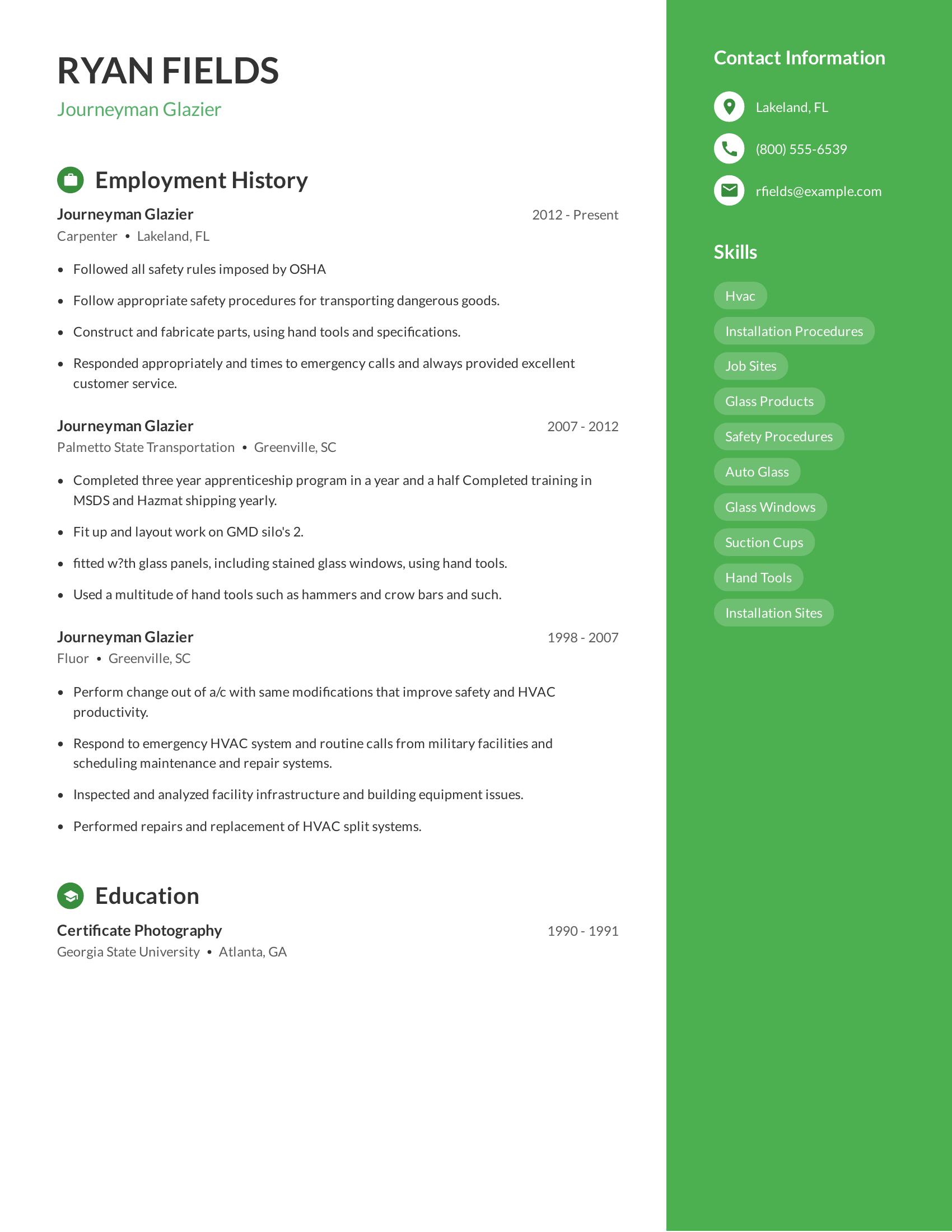 Journeyman Glazier resume example