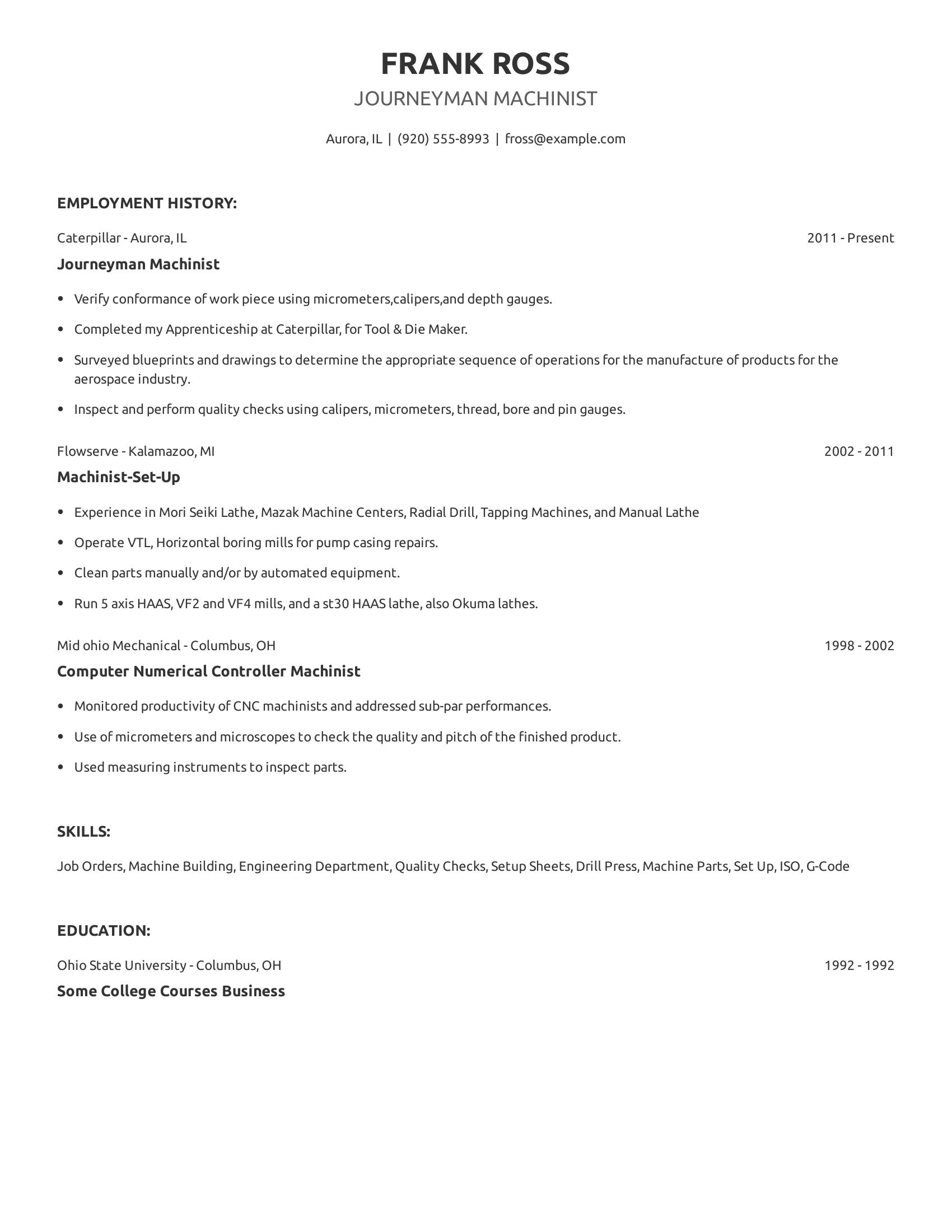 Journeyman Machinist resume example