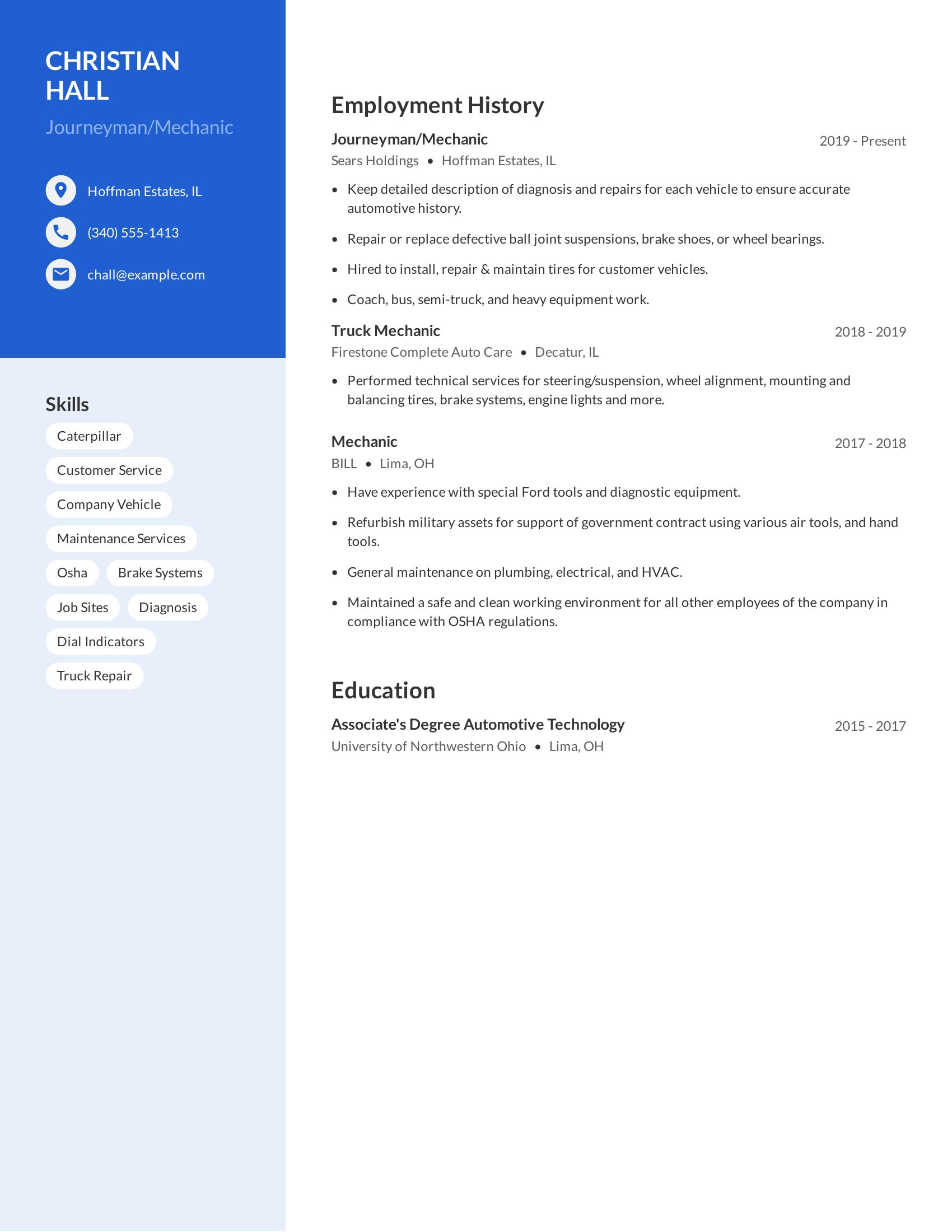 Journeyman/Mechanic resume example