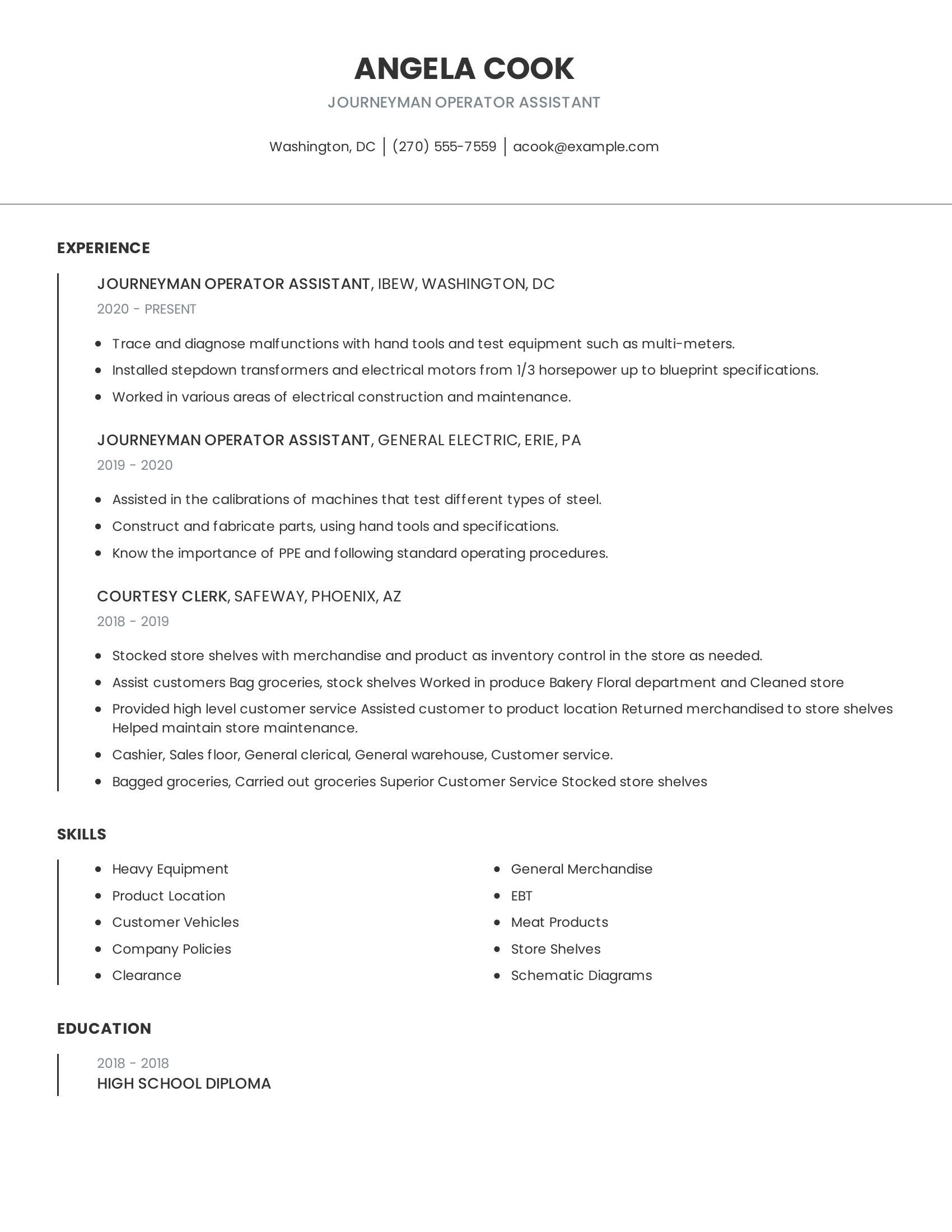 Journeyman Operator Assistant resume example