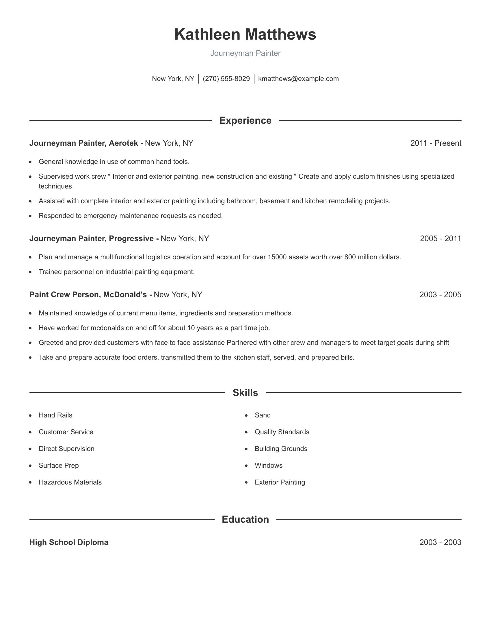 Journeyman Painter resume example