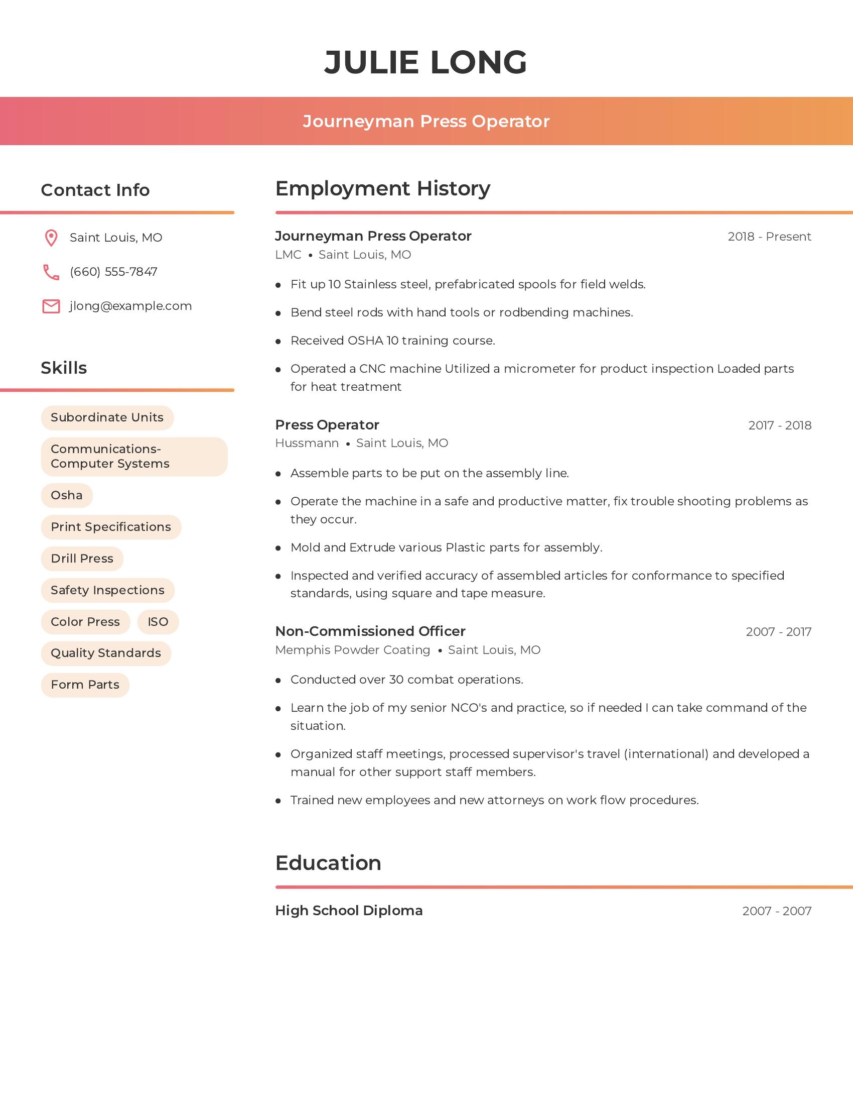 Journeyman Press Operator resume example