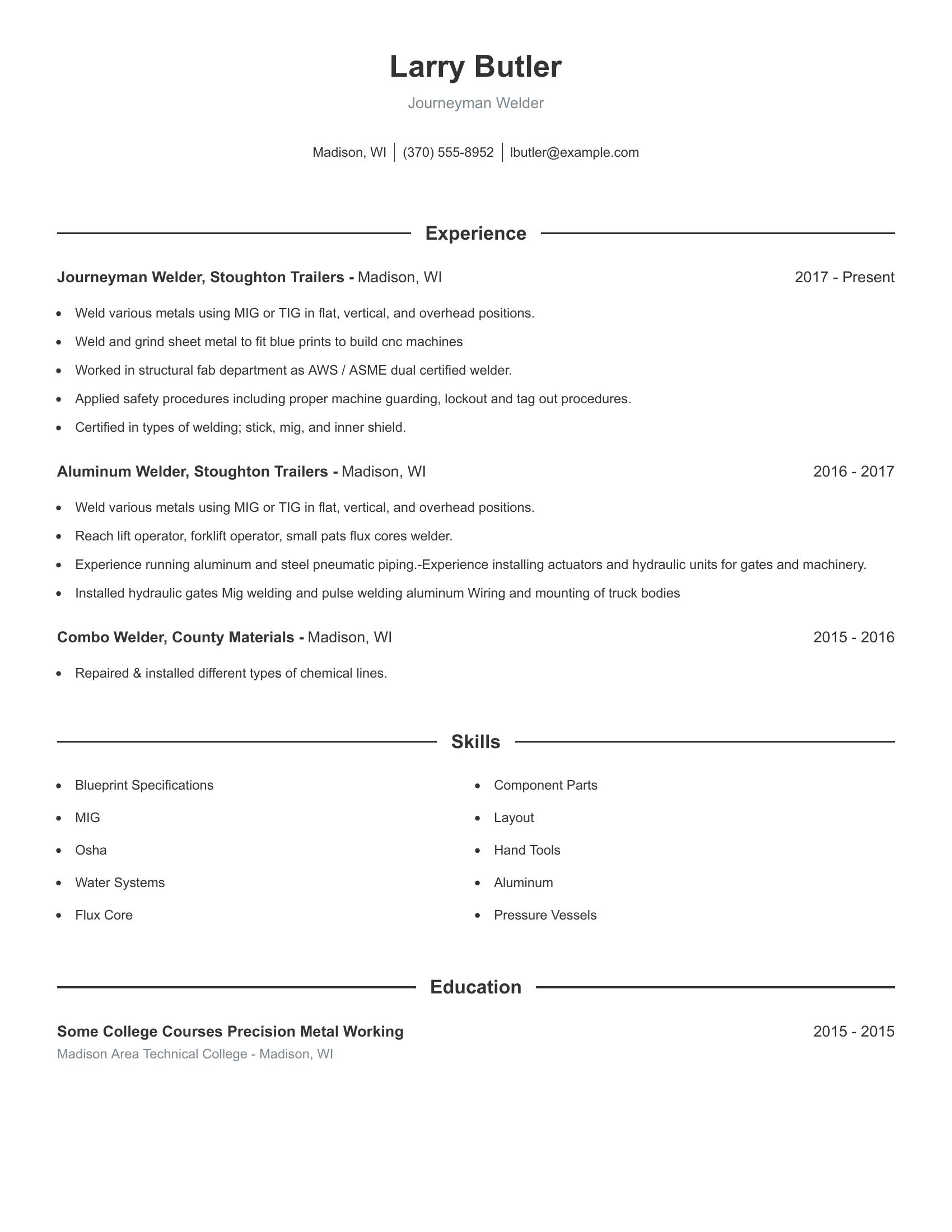 Journeyman Welder resume example