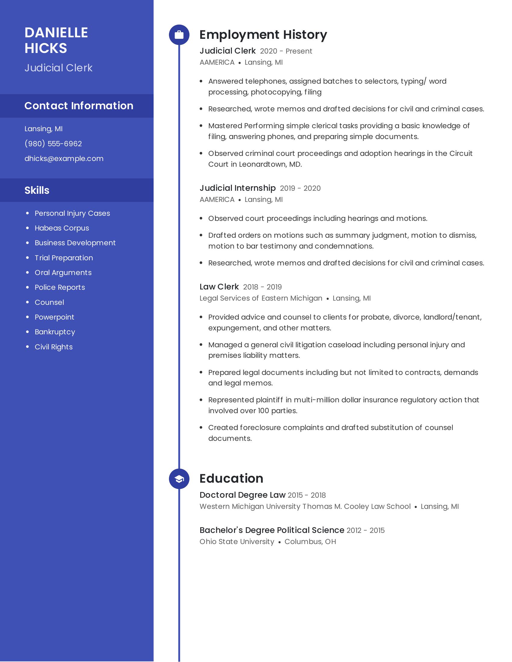 Judicial Clerk resume example