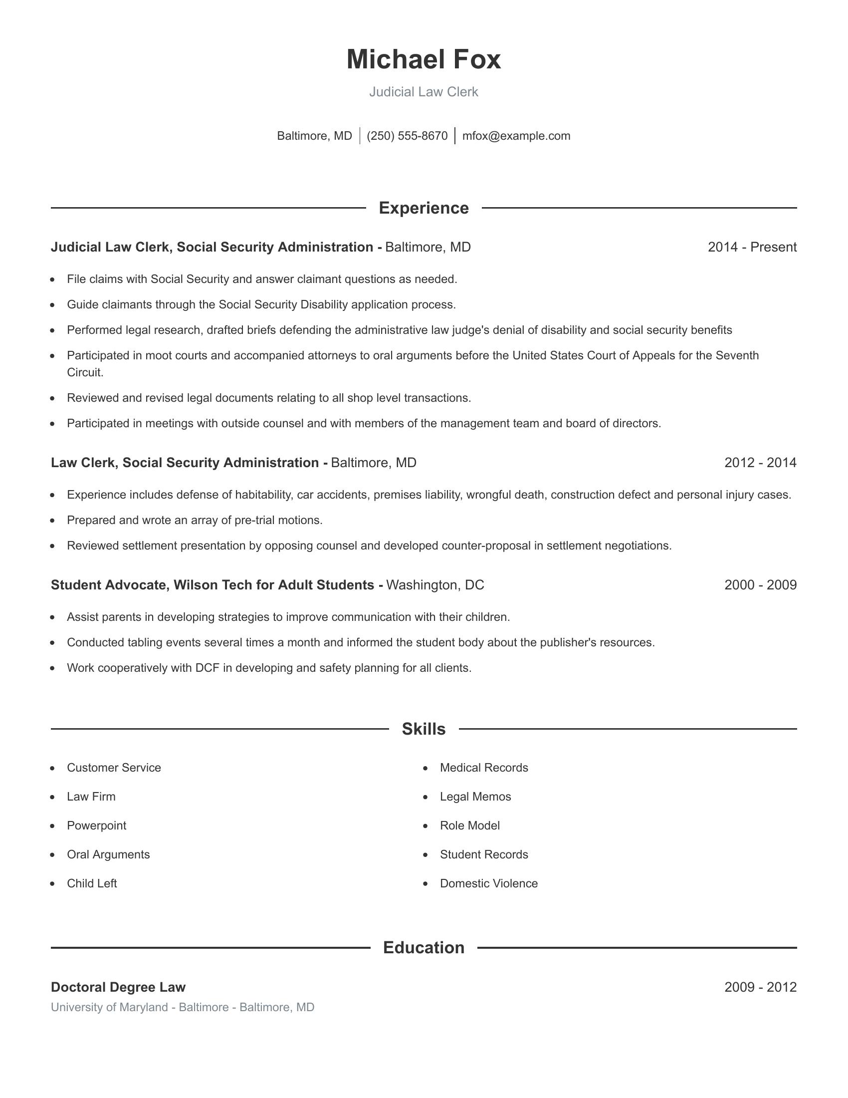 Judicial Law Clerk resume example