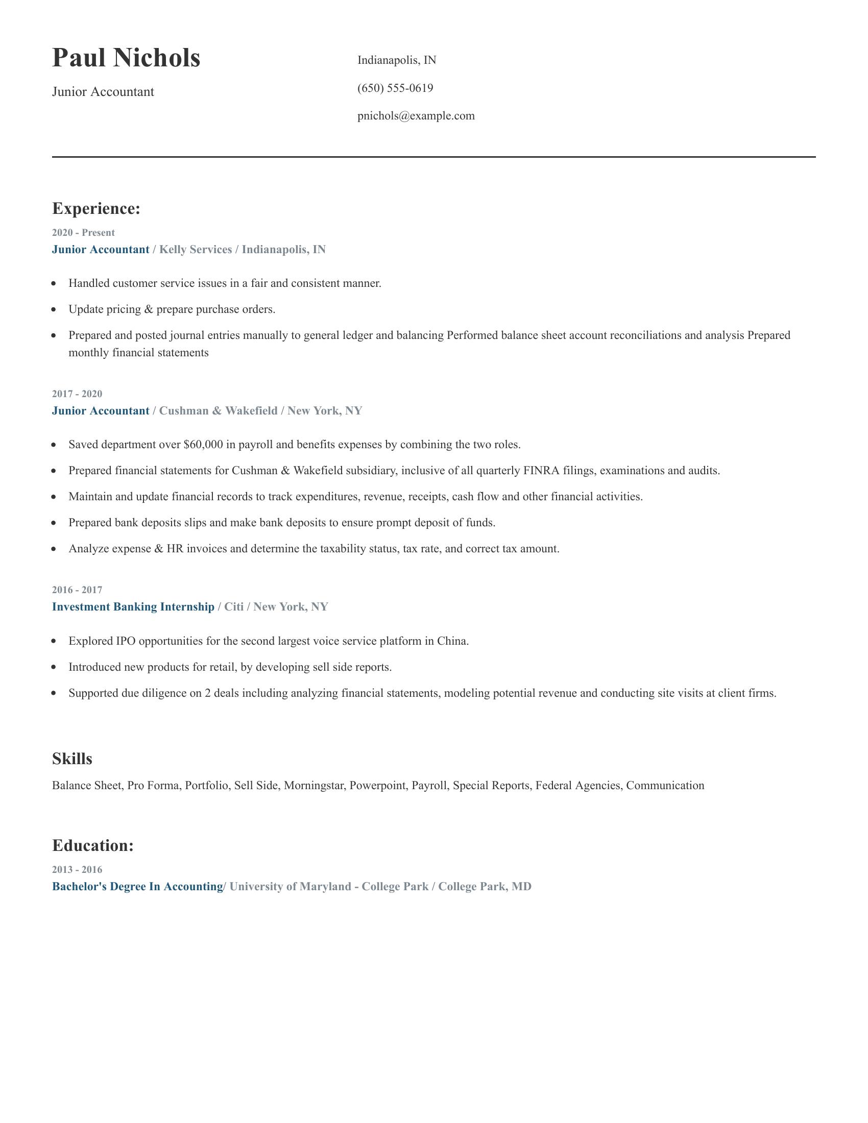 Junior Accountant resume example