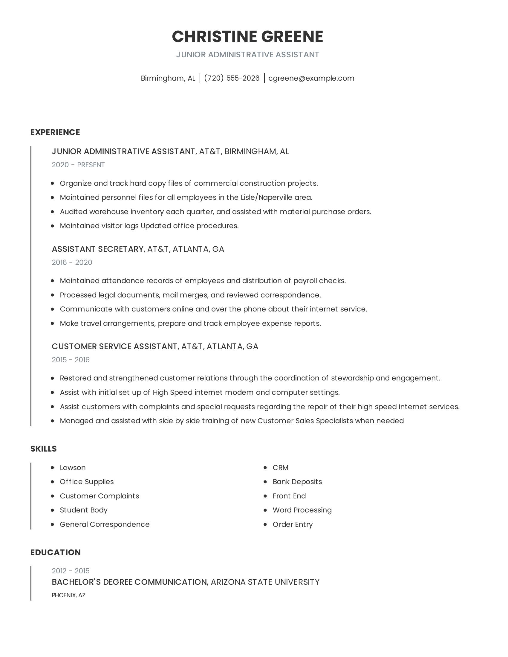 Junior Administrative Assistant resume example