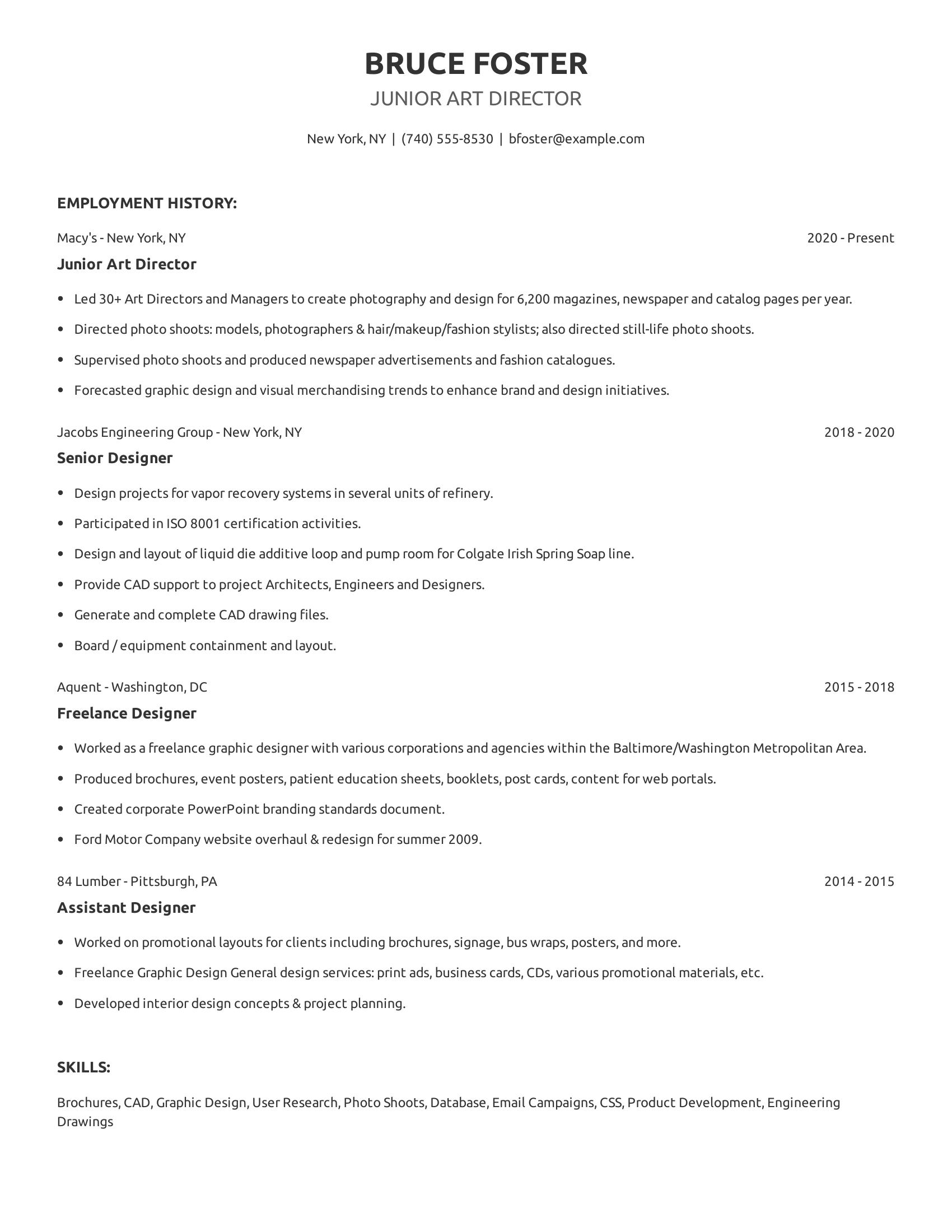 Junior Art Director resume example