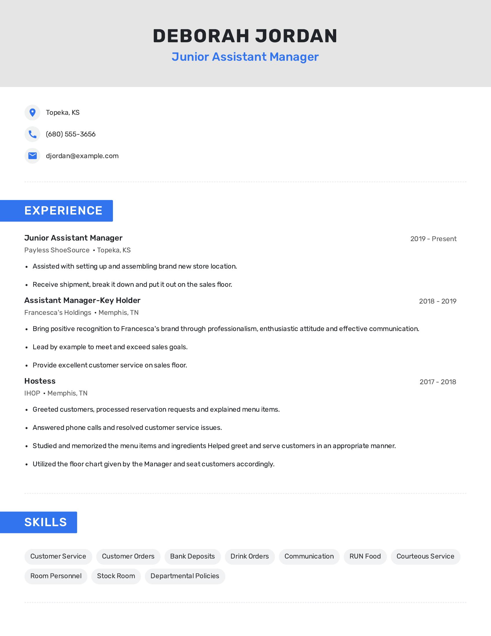 Junior Assistant Manager resume example