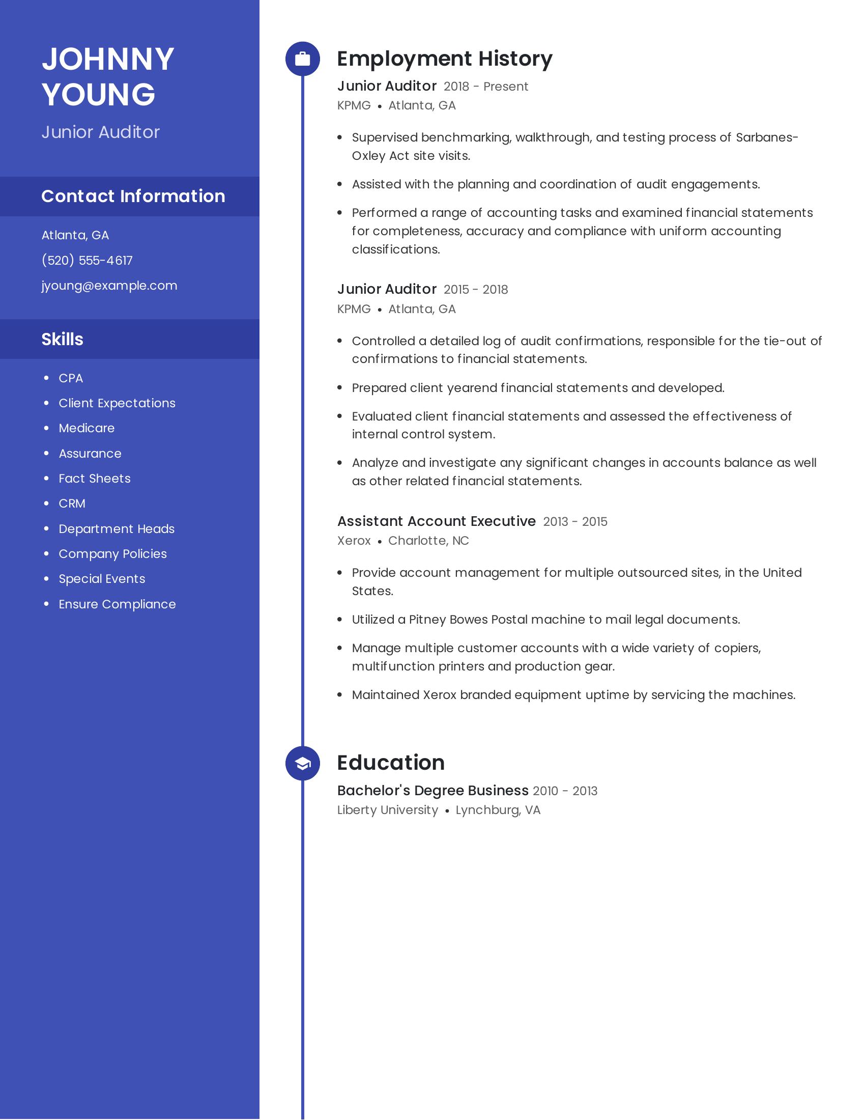 Junior Auditor resume example