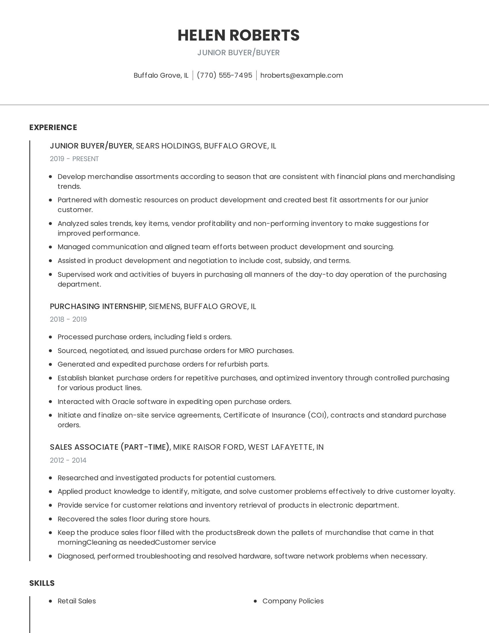 Junior Buyer/Buyer resume example