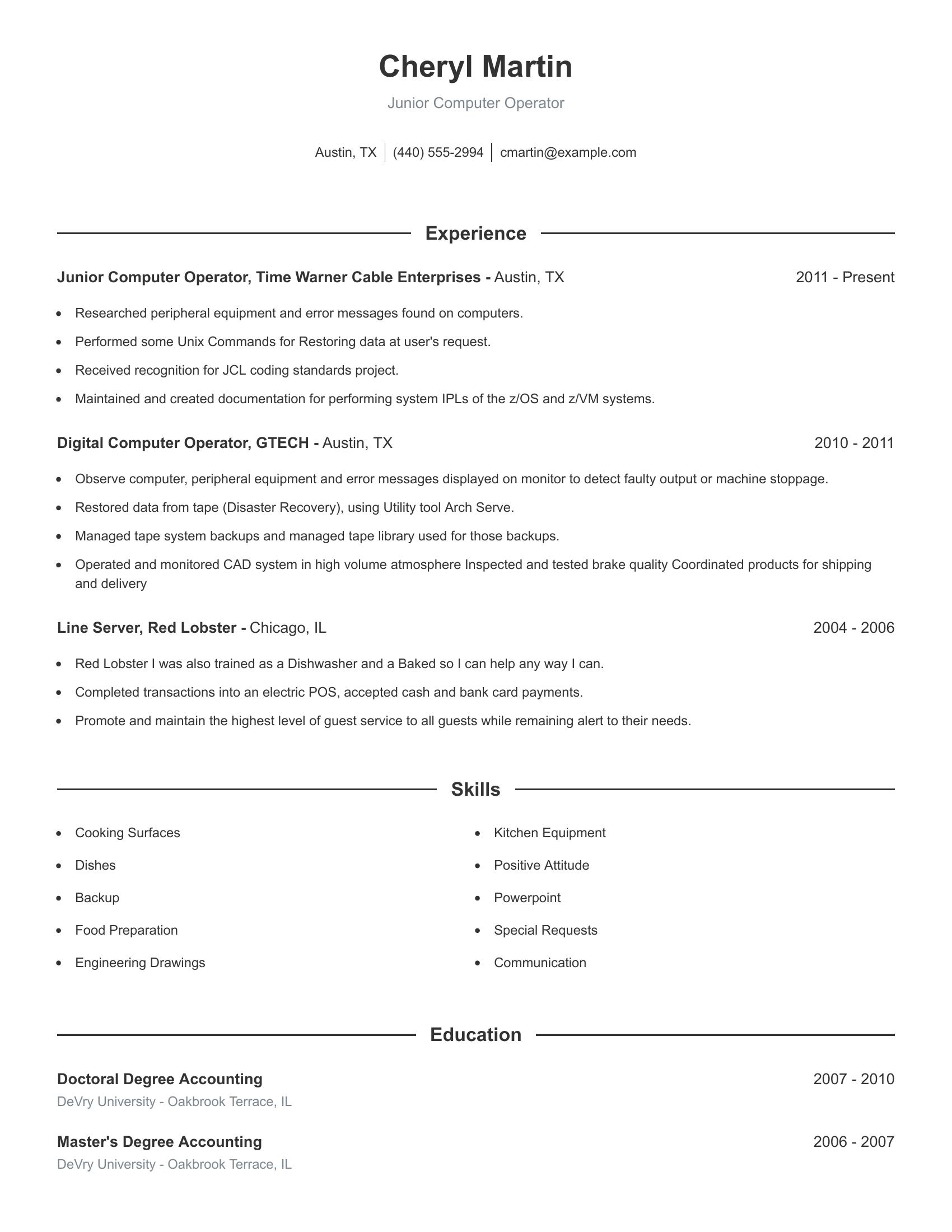 Junior Computer Operator resume example